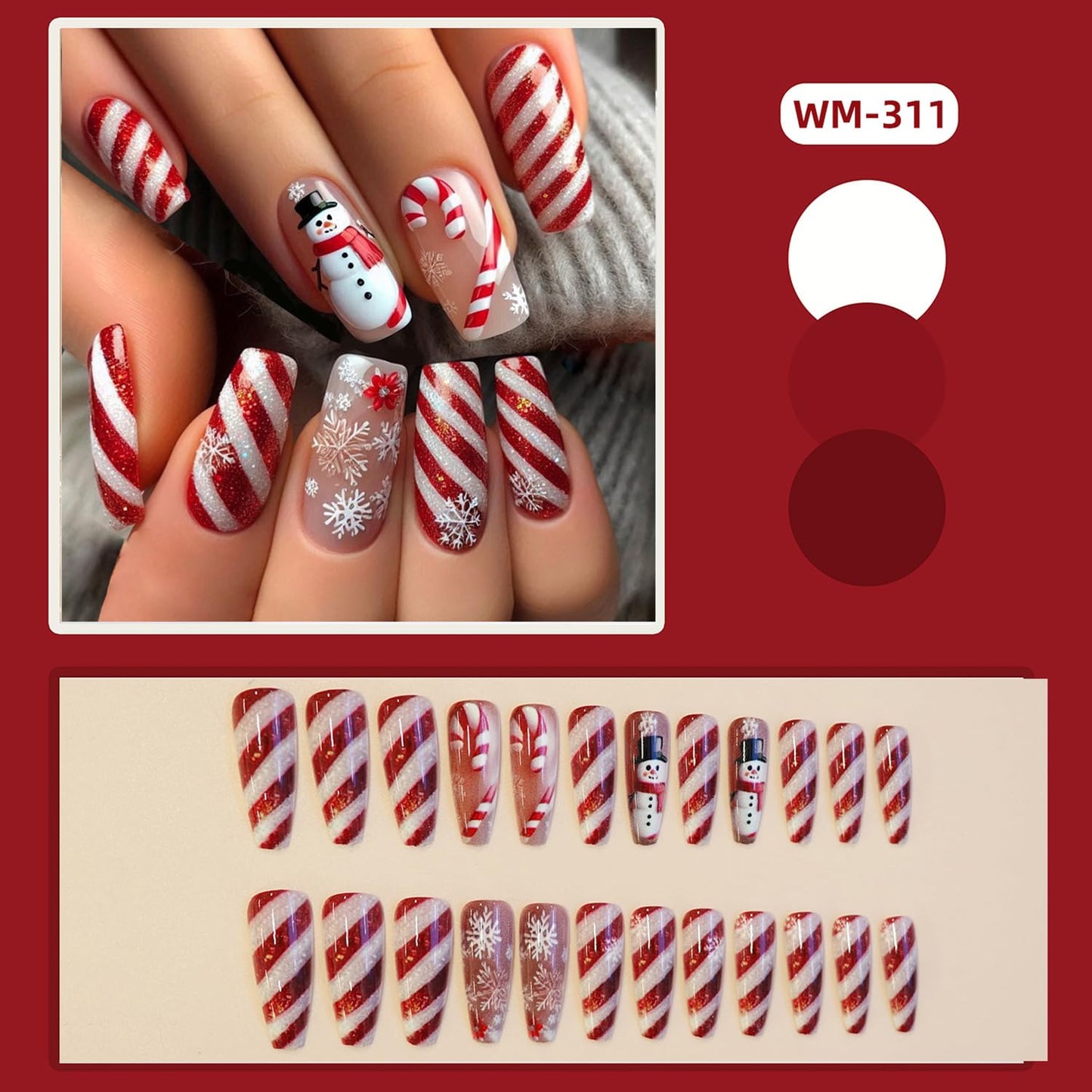 CJDLTS Snowflake Press on Nails Long Ballet Artificial Acrylic Fake Nails Snowman Red White Stripe with Glitter Stick on Nail Christmas False Nail Full Cover Winter Artificial Fingernails for Women