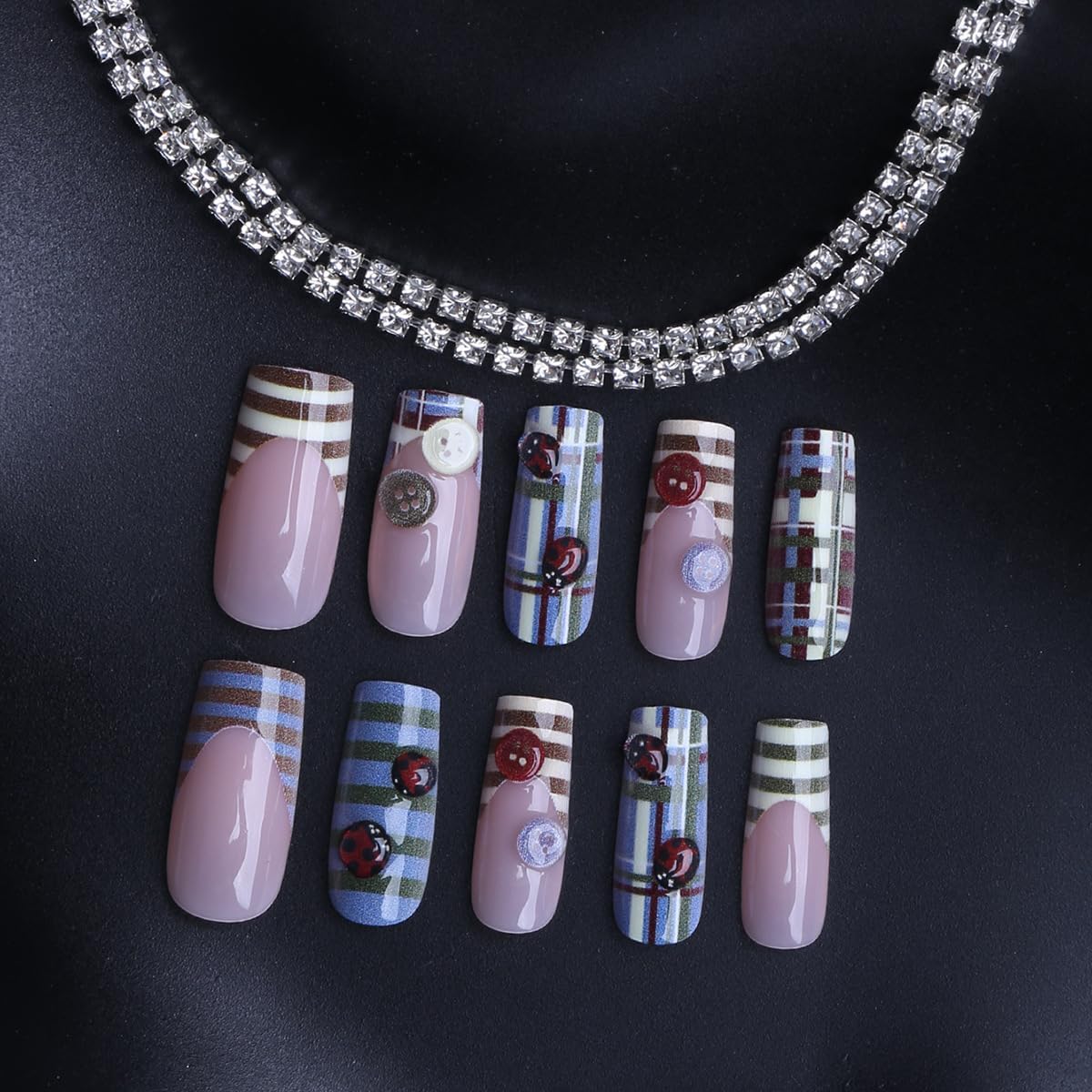 plalely Square Press on Nails Medium Blue Fake Nail Blue and Brown Stripes Acrylic Nail Press ons with Cute 3D Charms Stick on Nail for Women 24pcs