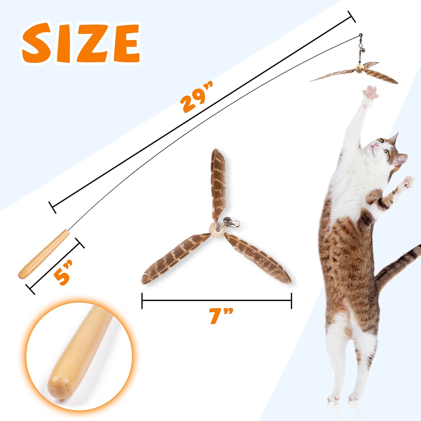 JXFUKAL Cat Wand Toys, Interactive Cat Toys with 3 Feather Refills, 29'' Flexible Steel Wire, Sturdy Wood Handle & Bell for Kitty Kitten, Cat Toys for Indoor Cats Teaser Cat String Toy