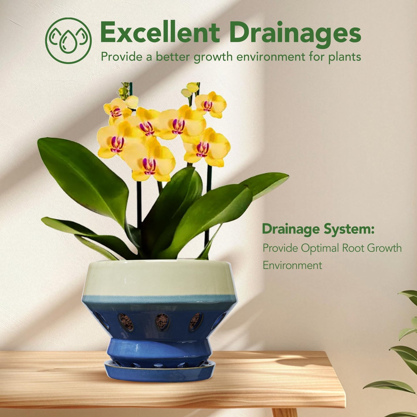 Gepege 6.5 Inch Orchid Pots with Holes for Indoor Plants, Plant Pots with Drainage Hole, Ceramic Flower Planter with Saucers, Blue Ceramic Planter