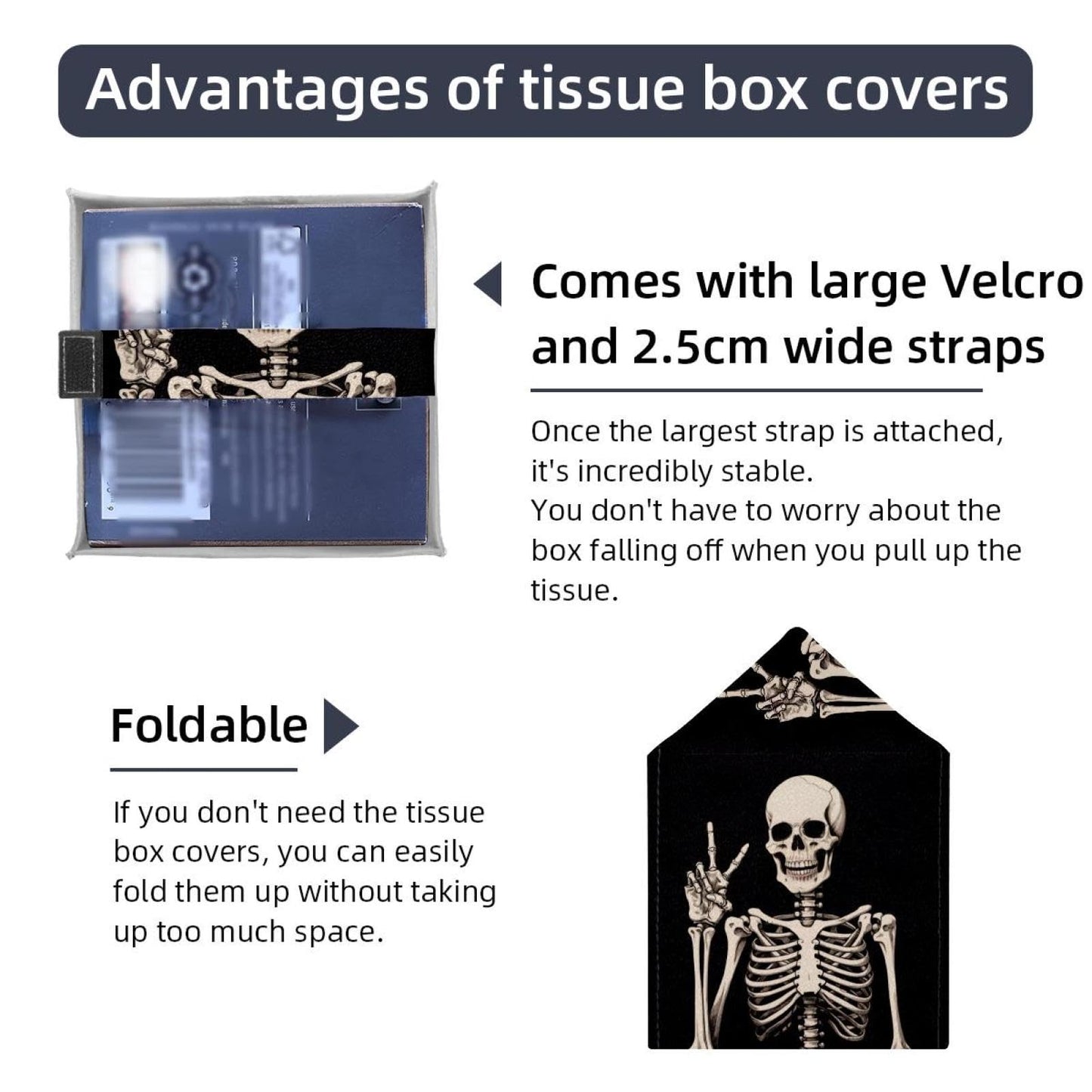 Human Skeleton Tissue Box Cover Square Tissue Box Holder Waterproof Leather Facial Paper Organizer Dispenser for Bathroom Home Car Nightstand Vanity Desk