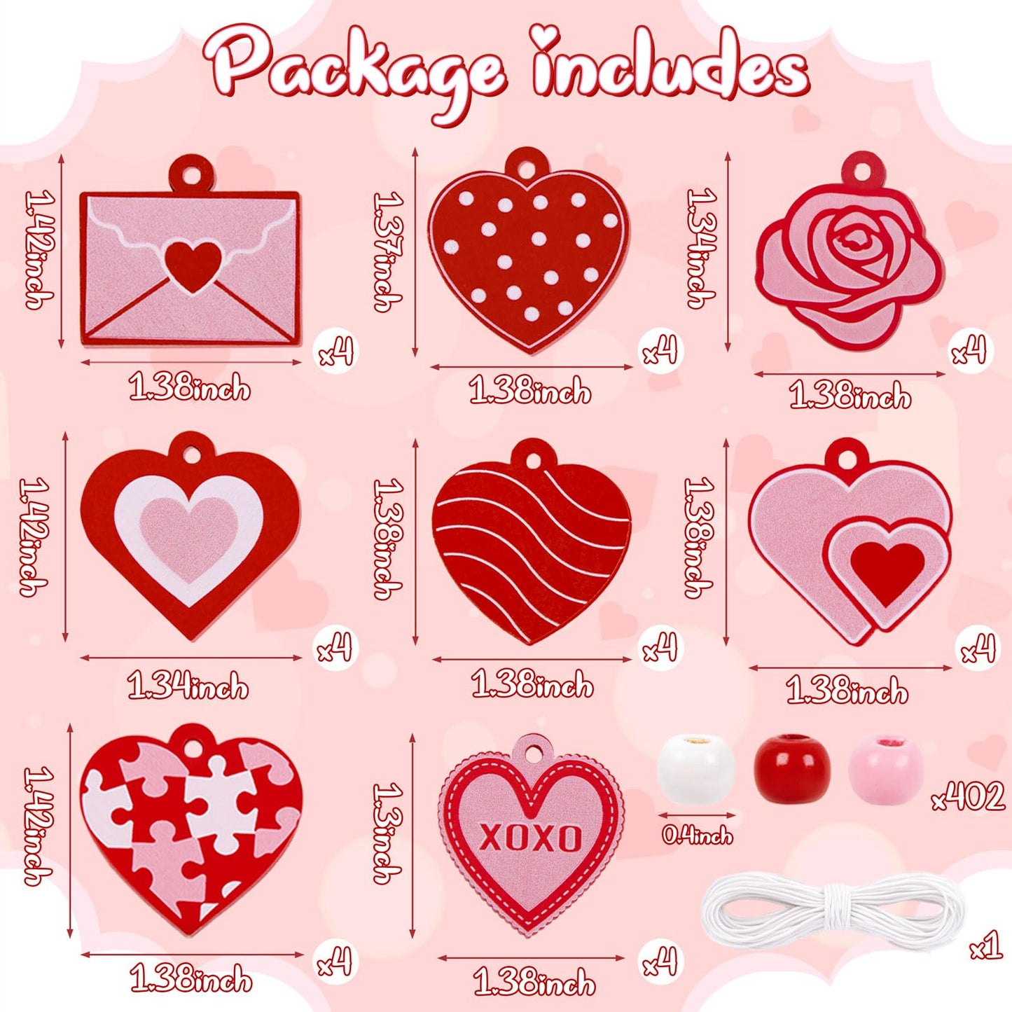 Eternity sky 32 Pcs Valentine's Day Crafts Wooden Heart DIY Beads Necklace Making Kit for Adults Gifts Party Supplies