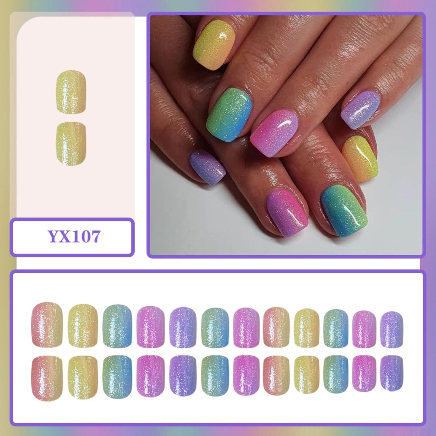 Rainbow Gradient Glitter Press on Nails Medium Square Shape Glossy Finish Reusable False Nails Easy Apply Fashion Party Wedding Durable Trendy Women Girls Acrylic Stick on Nail Art 24 Pcs