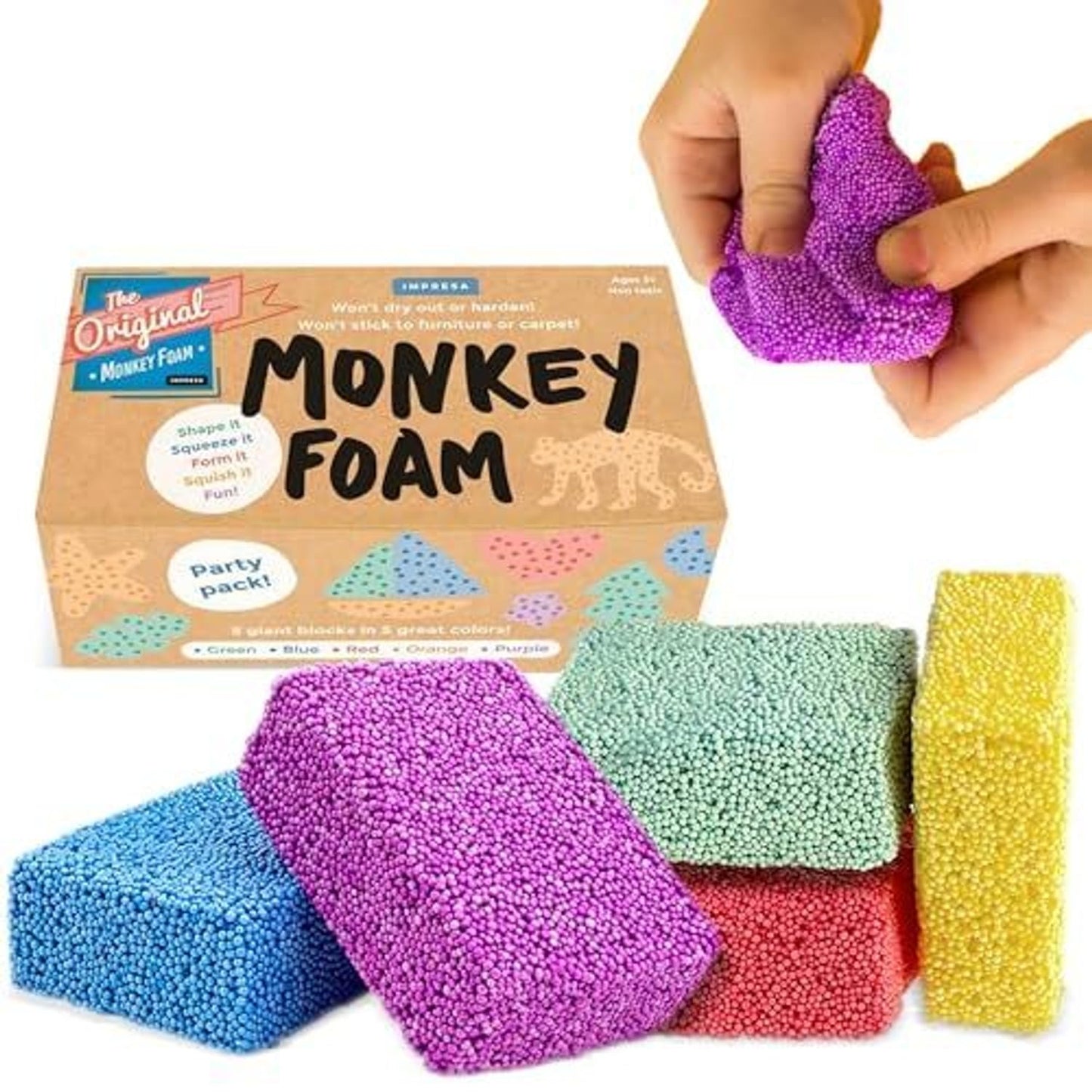 Impresa Monkey Foam Giant Foam Blocks - 5-Pack - Calming Sensory Play & Sensory Toys for Kids - Squishy Molding & Creative Toys - Fidget Gear for Basket - Ages 3+