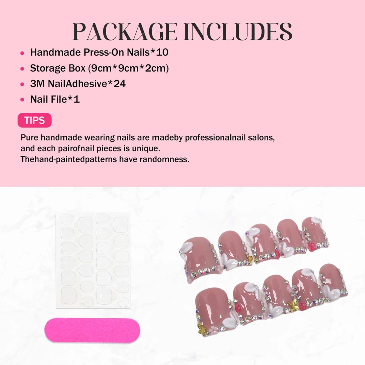 10Pcs Luxury Handmade Press on Nails Short Square 3D Floral Fake Nails French Tip Thick Acrylic False Nails with 3D Cherry Design Nude Pink Full Cover Nails Press ons for Women (Size M)