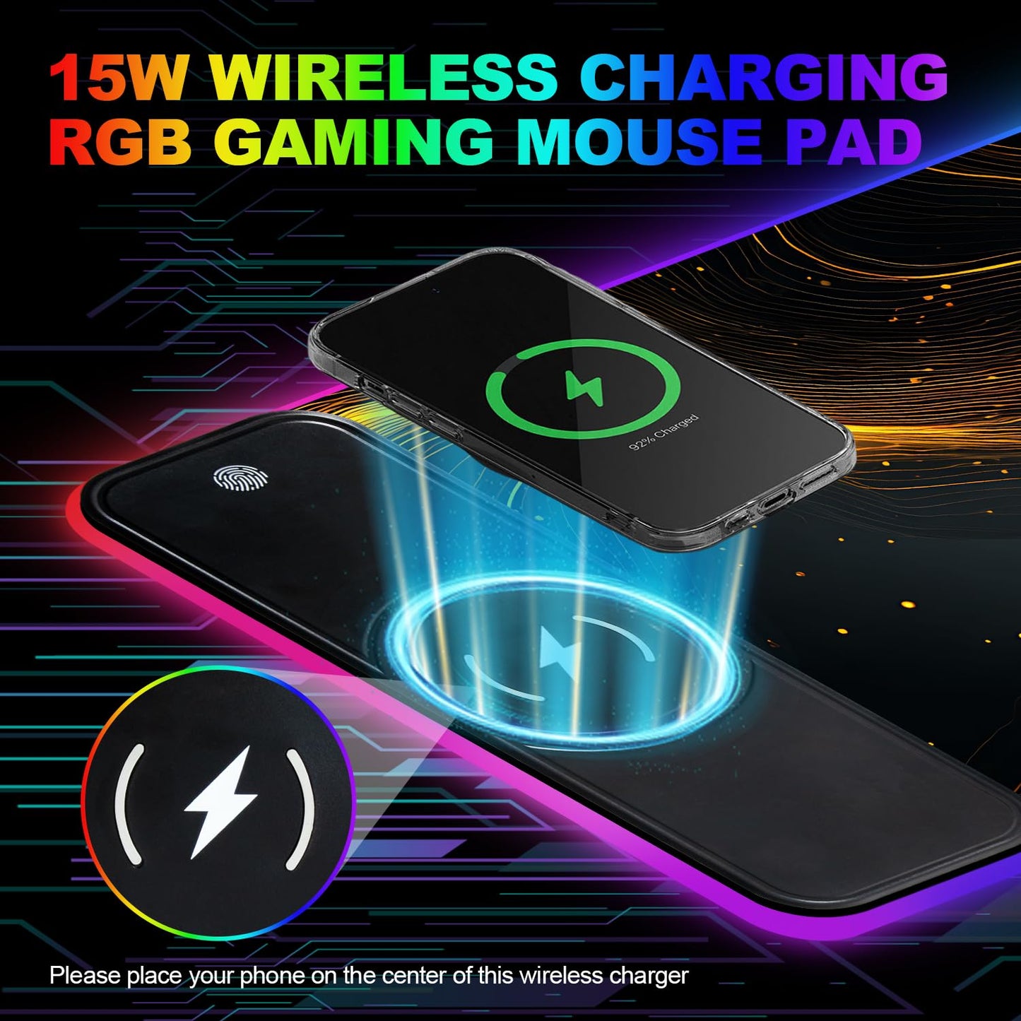 Wireless Charging RGB Gaming Mouse Pad, 31.5 x 11.8 Inch Extended Mouse Mat with Black & Gold Abstract Wave Design, LED Desk Pad with 7 Lighting Modes, Non-Slip Base for Gaming & Office