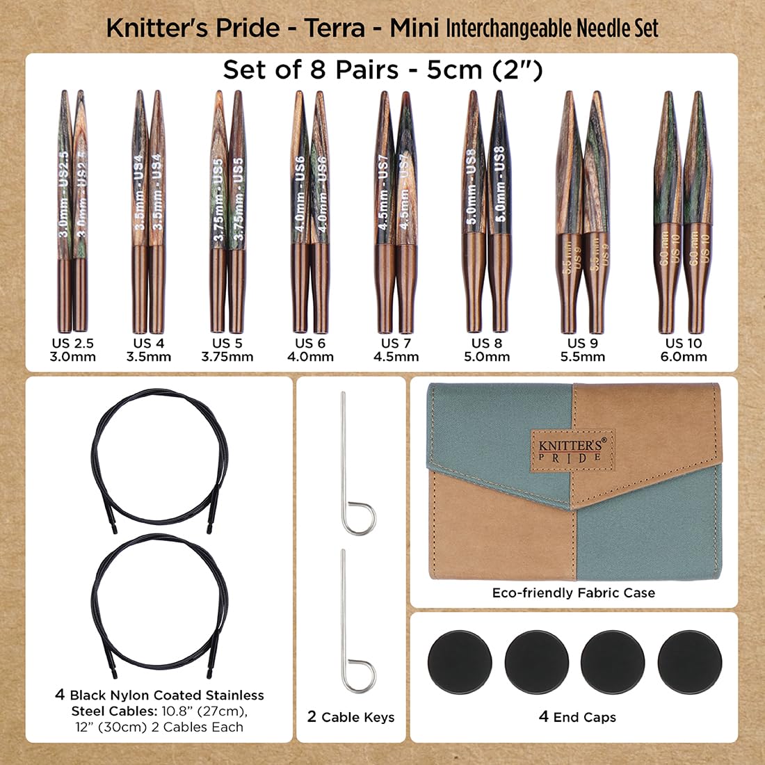 Knitter’s Pride Terra Mini Interchangeable Needle Set 2"" (5cm) – 8 US Sizes (2.5 to 10)