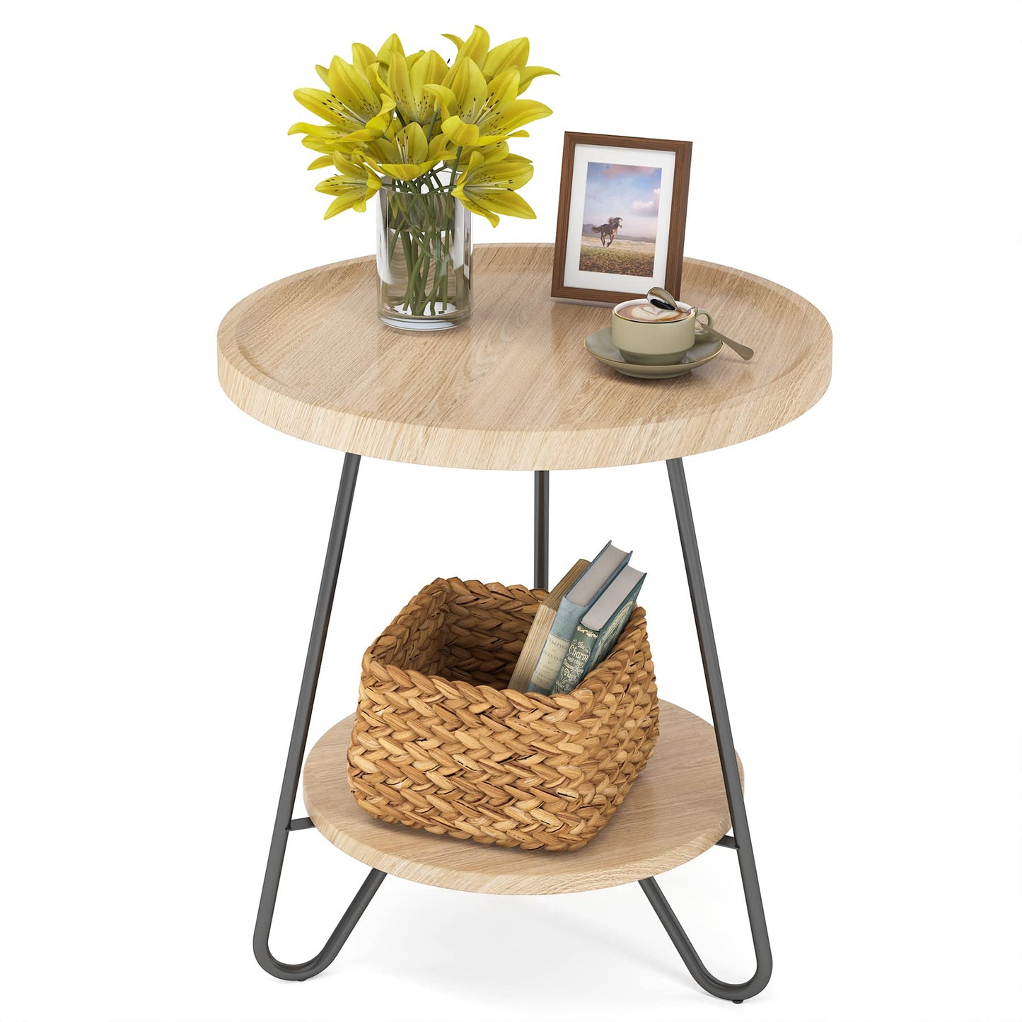 Tribesigns Round Side Table, 2-Tier End Table with Metal Legs, Modern Industrial Beside Table, Small Accent Table Snack Table for Living Room, Bedroom, Small Space, Easy Assembly, Wood Color