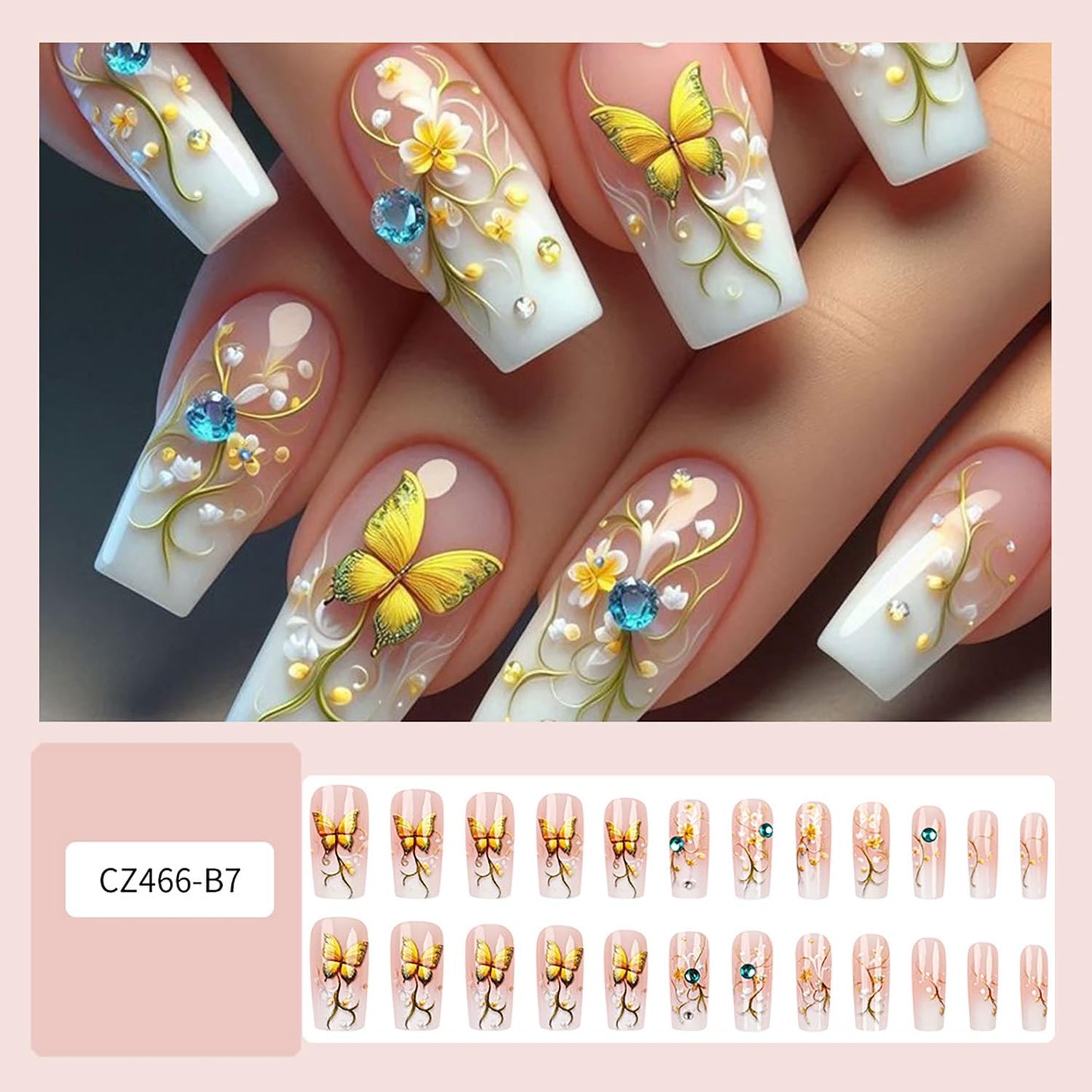 EYZOTSF Press on Nails Medium Square Shaped Acrylic Medium Square Shaped False Nails with Designs Artificial Short Coffin Fake Nails with Charms Glue ons Fingernails for Women Girls(CZ466)