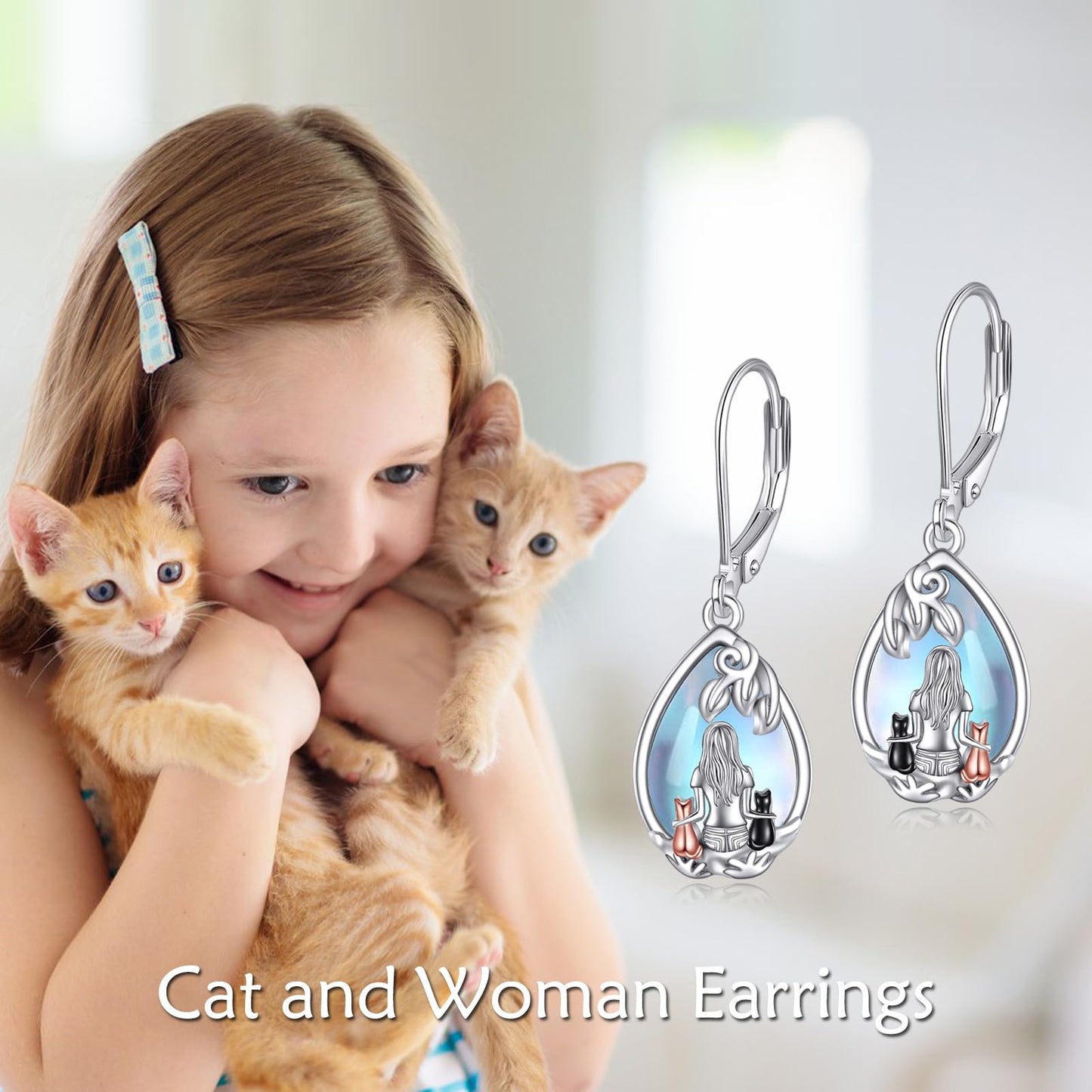 YFN Cat Moonstone Earrings Jewelry 925 Sterling Silver Teardrop Dangle Hypoallergenic Leverback Earring for Women