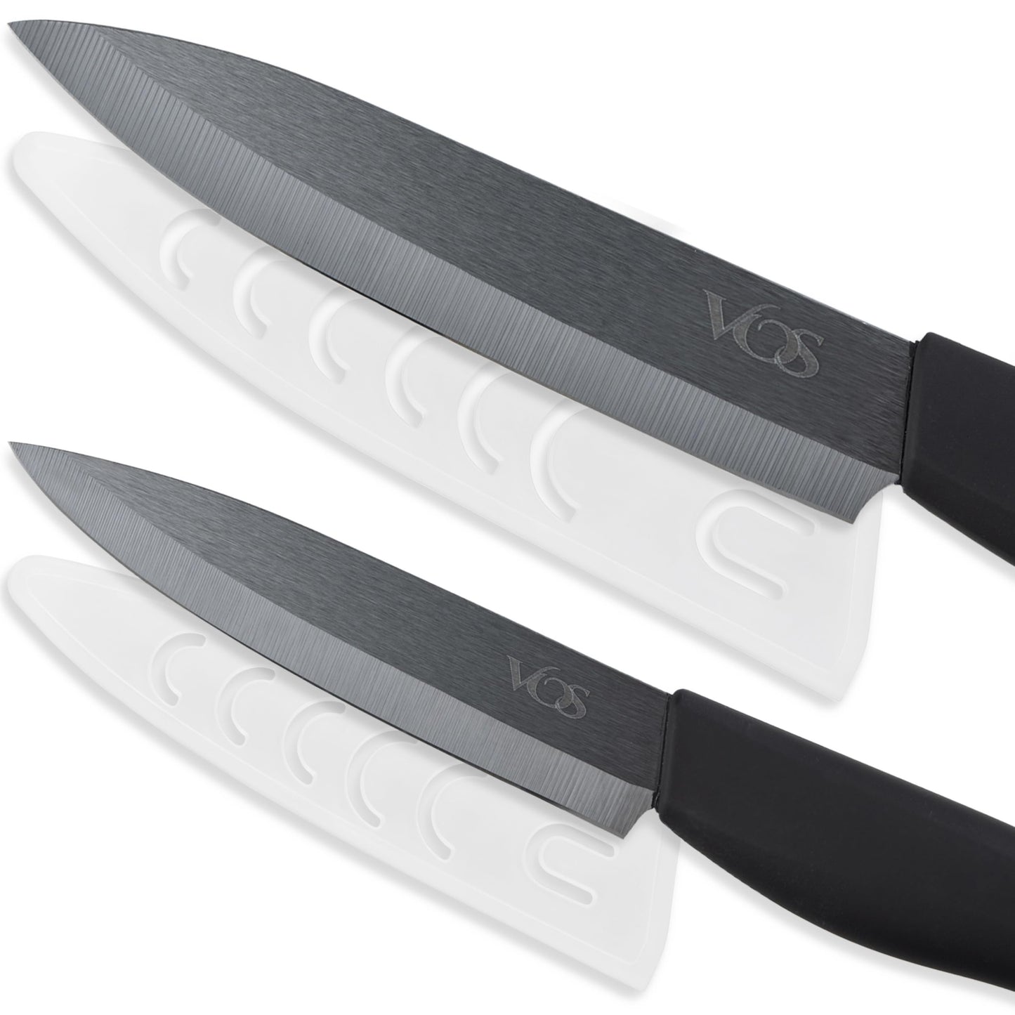 Vos ceramic knives set for kitchen in gift box, set of 2 ceramic knife with cover, 5.5" santoku & 4.5" utility for home cooks, Ultra Sharp, lightweight, rust-free, dishwasher safe (Black handle)