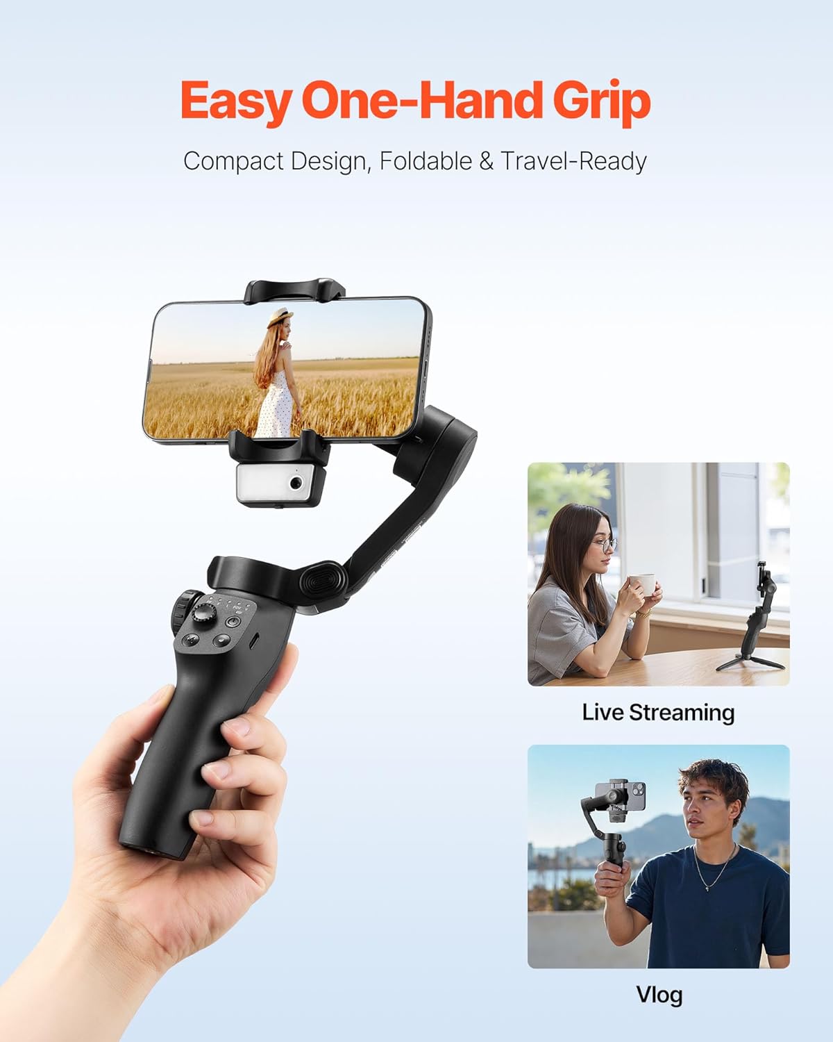 VEVOR Gimbal Stabilizer for Smartphone, 3-Axis Stabilization, AI-Powered Phone Gimbal for Android iPhone with Fill Light, Tripod, Auto Tracking, Portable Foldable Phone Stabilizer for Video Recording