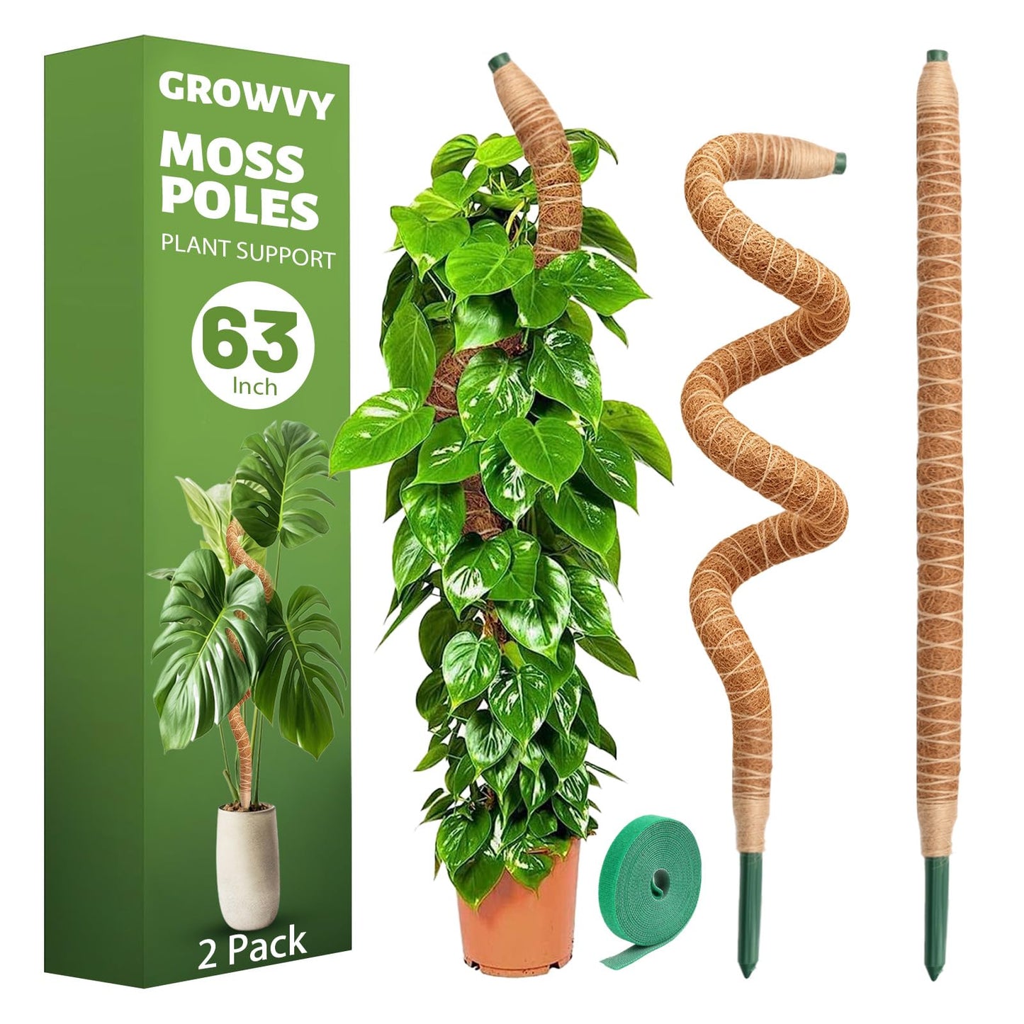 Growvy 2 Pack Bendable Moss Pole, 63" DIY Shape Monstera Plant Support for Climbing Indoor Plants, Coco Coir Plant Support Stake for Monstera, Pothos, Philodendron & Indoor Potted Vines