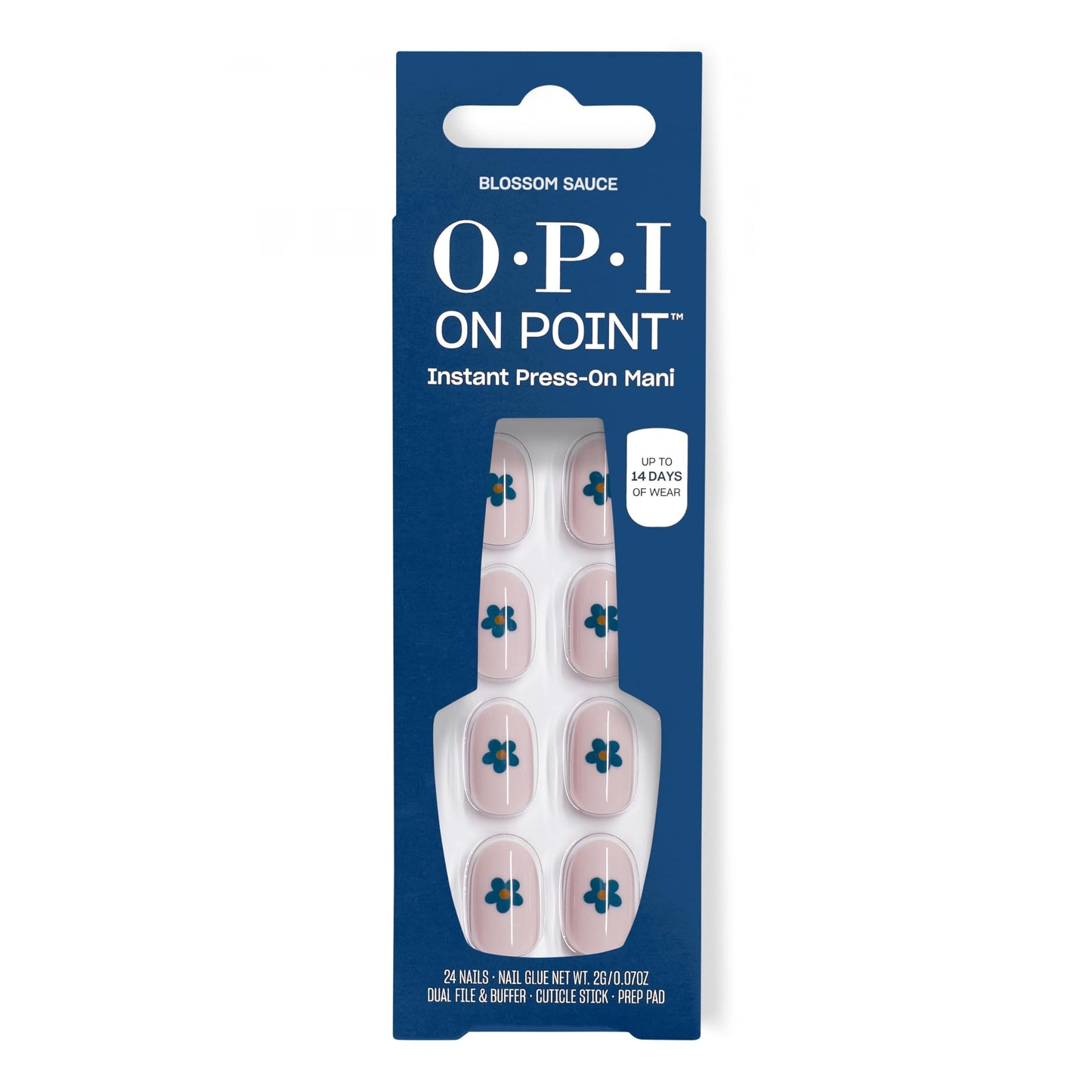 OPI On Point Blossom Sauce | Short Round Light Lavender with Blue Flower Nail Art Press On Nails | 24 Count with Glue | Long Lasting, Reusable, Non-damaging | Fall 2025 Shades