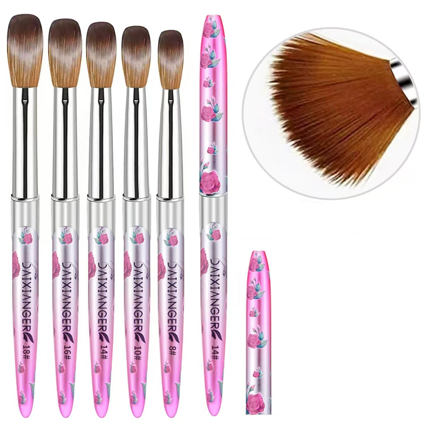 DAIXIANGER 5PCS Acrylic Nail Brush Set - Size 8/10/14/16/18 Brushes for Acrylic Powder Application, 3D Carving & Nail Art Extension, Pink Flower Handle Nail Tools for DIY Salon Manicure