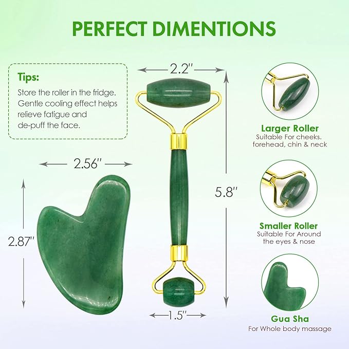 Jade Roller & Gua Sha Set, 100% Natural Facial Roller and Body Massage Skin Care Tools for Beauty, Increase Blood Circulation, Lymphatic Drainage & Reduce Wrinkles and Puffiness - Dark Green