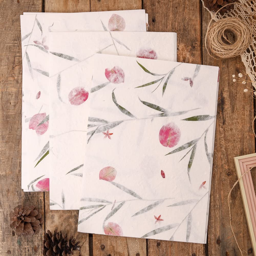 Handmade A4 Thick Mulberry Paper Sheets, Painting, Writing, Decorative Paper, Card Making Paper DIY Craft, 20pcs (Bougainvillea Flowers/Grass, A4)