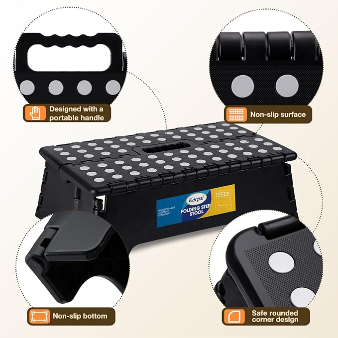 Korpai 5" Folding Step Stool for Adults and Kids 15-Inch Extra Wide Stool Holds Up to 300 lbs,Non-Slip Folding Stools with Handle,Compact Plastic Foldable Step Stool for Bathroom,Kitchen,ect