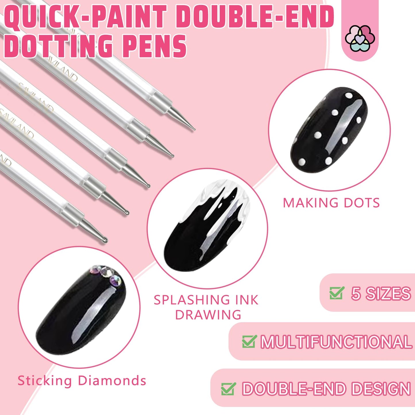 SAVILAND 6pcs Nail Art Liner Brushes & 5pcs Multi-Size Dotting Tools Set - Nail Brush Gel Polish Painting Nail Art Design Brushes Pen with Crushed Diamond Rhinestone Handle for Pulling Lines