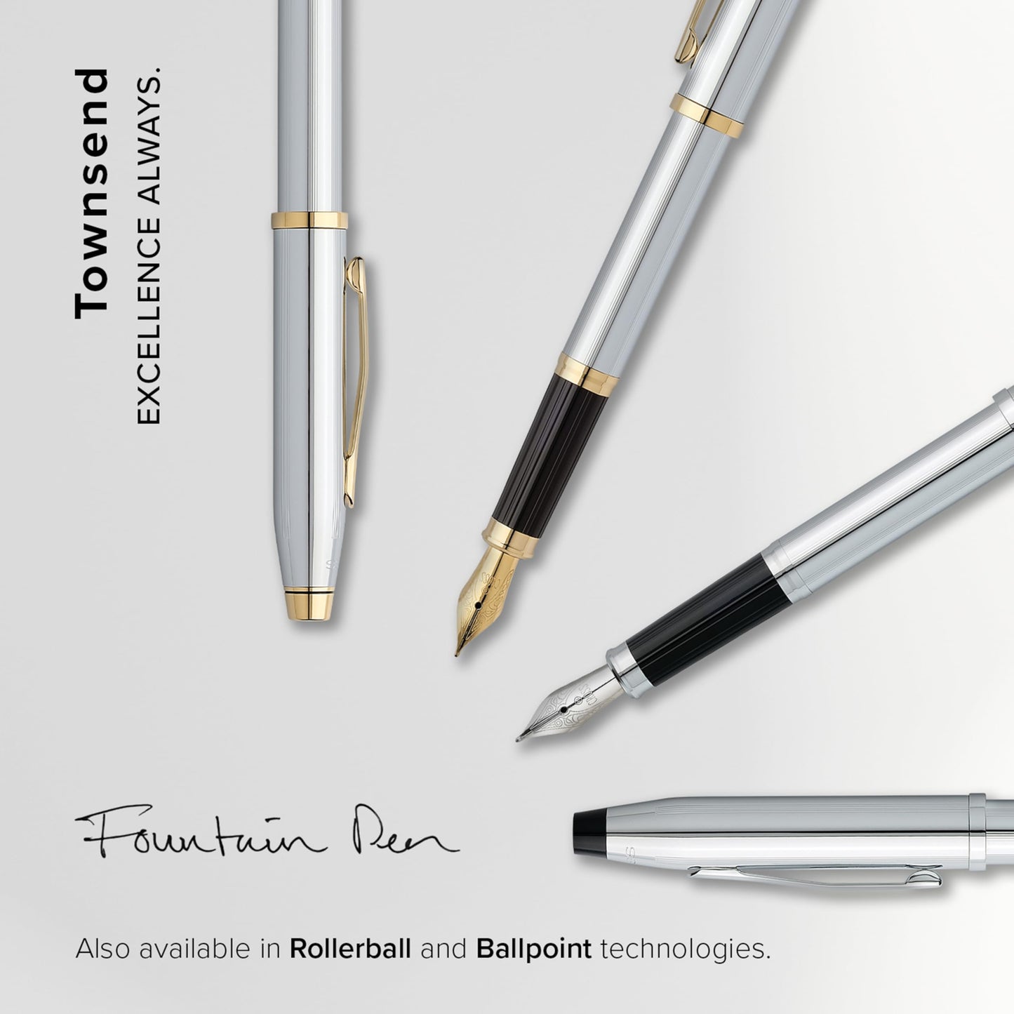Cross Townsend Refillable Fountain Presented in a Luxury Gift Box - Medium Point, Black Ink, Lustrous Chrome