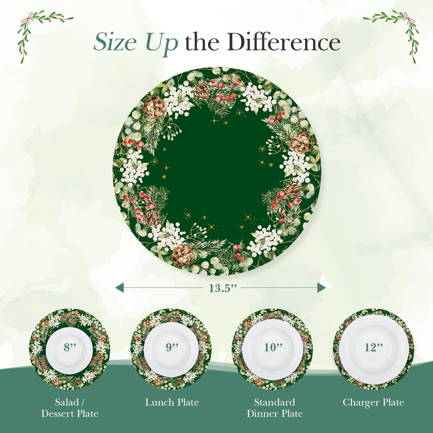 Verdi Livin Cork Placemats Set of 6 Matching Coasters I Heat Resistant Place Mats for Dining Table 16" x 12", Cork Backed, Wipeable (Wreath Green)
