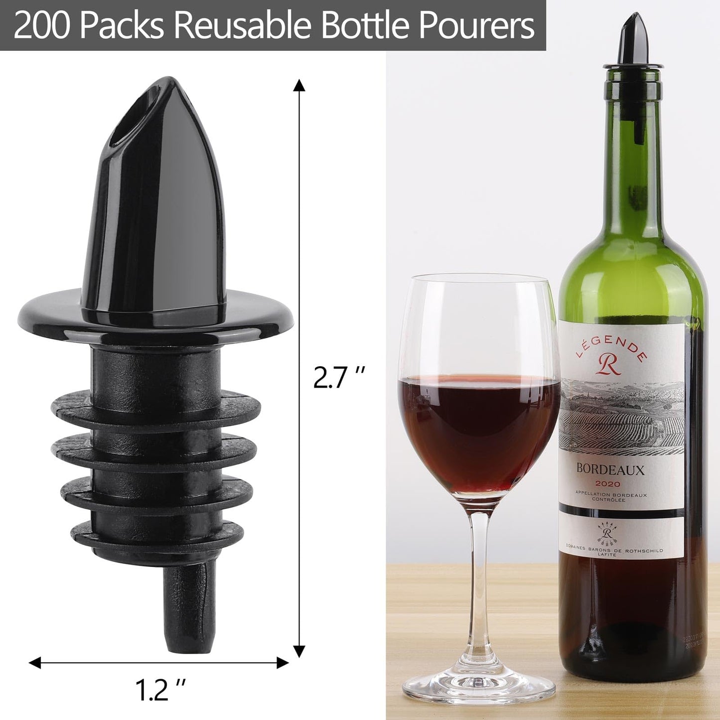 200 Pack Bottle Pourers Wine Pourers Plastic Liquor Free Flow Pourers Spout Pourer Black for Kitchen Olive Oil Mixed Drinks, 2.7 * 1.2 Inch