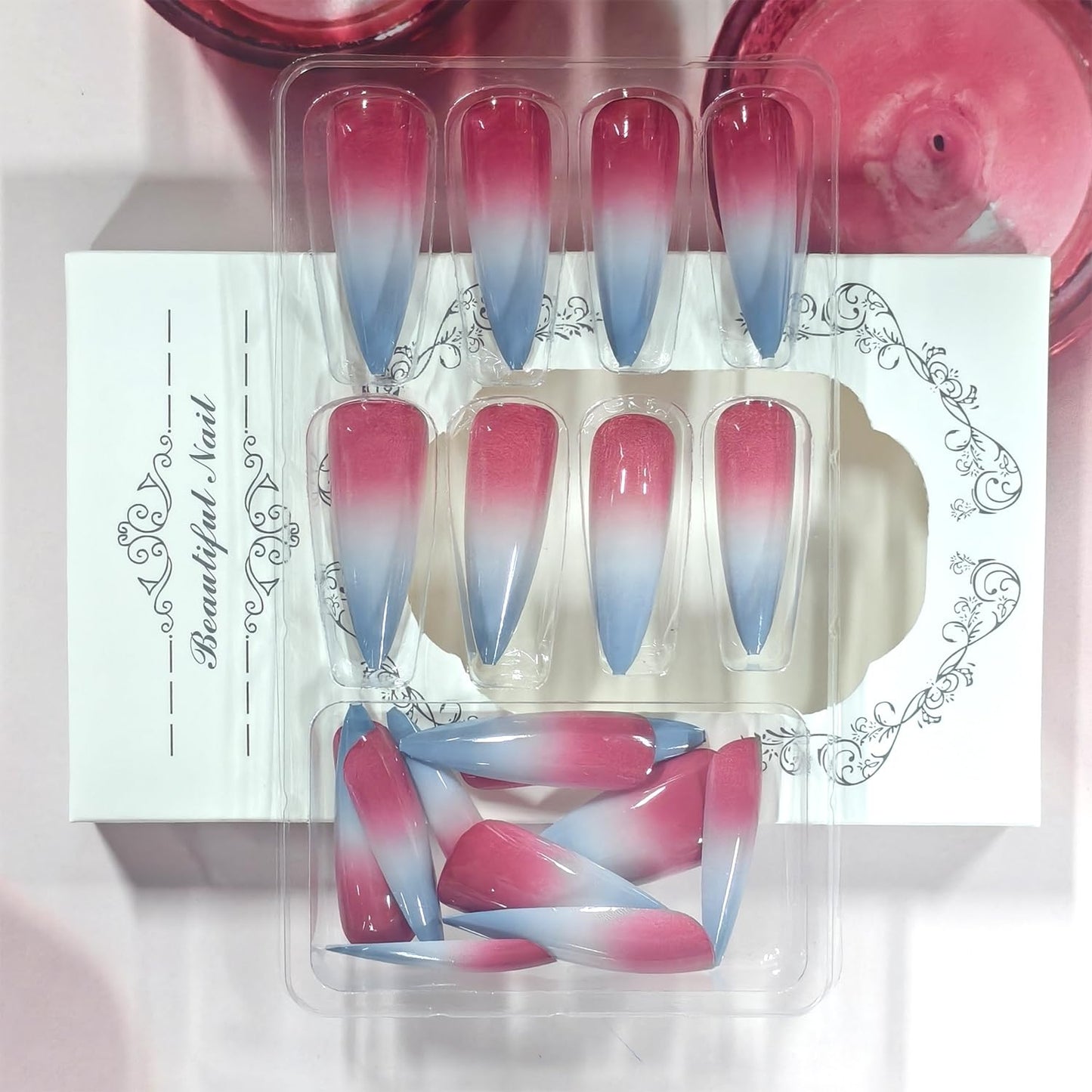 Solid Color Press on Nails Extra Long Artificial Acrylic Gradient Blending Blue Red False Nails with Design Almond Full Cover Glossy Reusable Stick on Nail Artificial Fingernails for Women Manicure