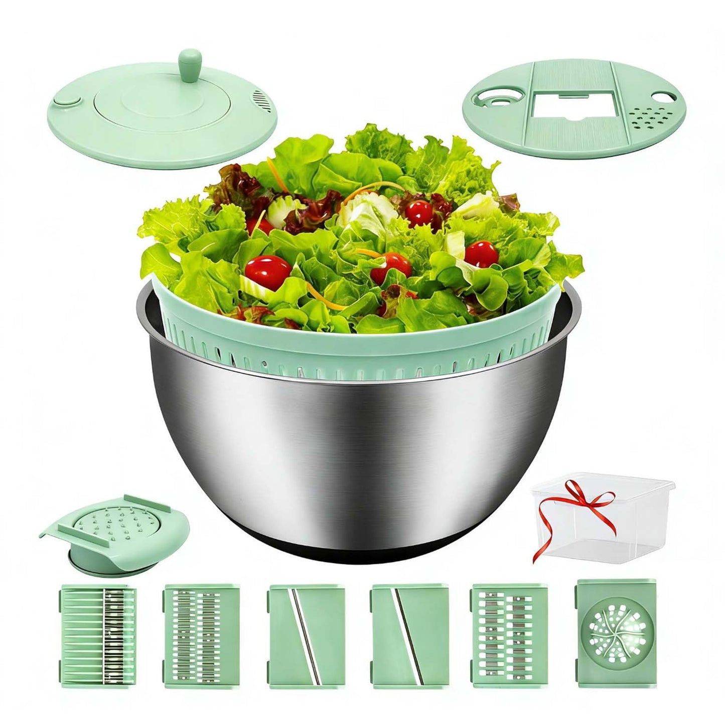 VVAKAM 5.3QT Salad Spinner Large,Stainless Steel Lettuce Spinner,Fruit Vegetables Wash Bowl with 5 Blade Slicer,Egg Yolk Strainer Slicer Shredder,Kitchen Colander for Salad Make and Food Washing