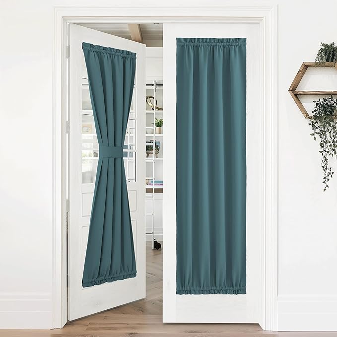 NICETOWN Blackout Door Curtain - Elegance French Door Shade for Privacy Rod Pocket Thermal Insulated Curtain Drape for Small Window, 36W by 72L, 1 Panel, Sea Teal