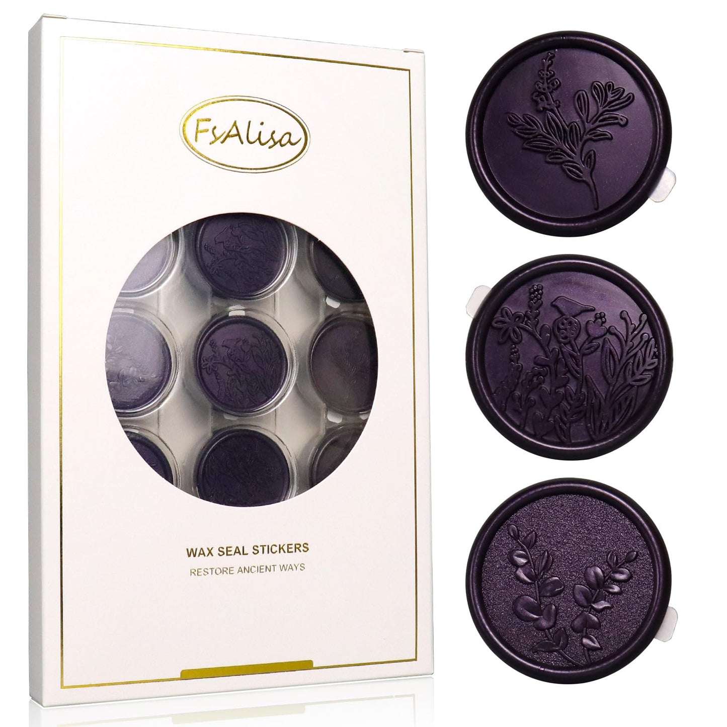 FsAlisa 60pcs Botanical Wax Seal Stickers, Dark Purple, Floral & Leaf Pattern, Waterproof, Self-Adhesive, For Invitations, Cards, Gift Wrapping, Wine Bottles & More