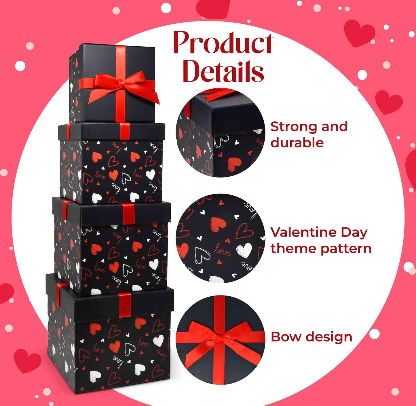 Gift Boutique 4 Pack Valentine Nesting Boxes with Bow Lids Black Red Hearts Stacking Square Box Gifts Presents Wrapping Birthday Wedding Party Decor