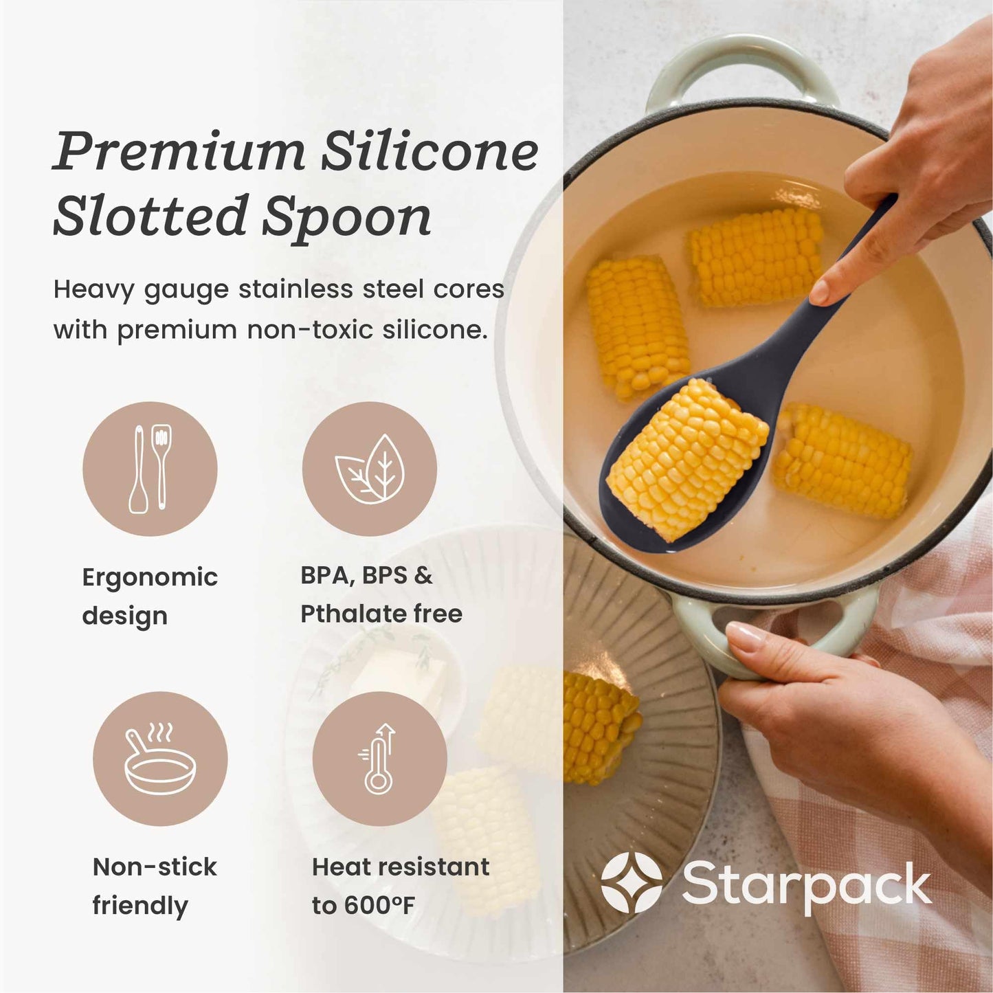 Starpack 'Let it Drain' Silicone Slotted Spoon - Large Slotted Spoon for Cooking Heat Resistant to 600°F - Silicone Slotted Serving Spoons, Non Stick Slotted Cooking Spoon
