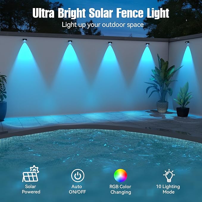Solar LED Wall Light,RGB Color Changing Spotlight - Waterproof Outdoor Garden Path Lighting,10 Modes Auto On/Off,IP44 ABS Material,30H Runtime No Wiring Needed for Yard & Courtyard (6 P)