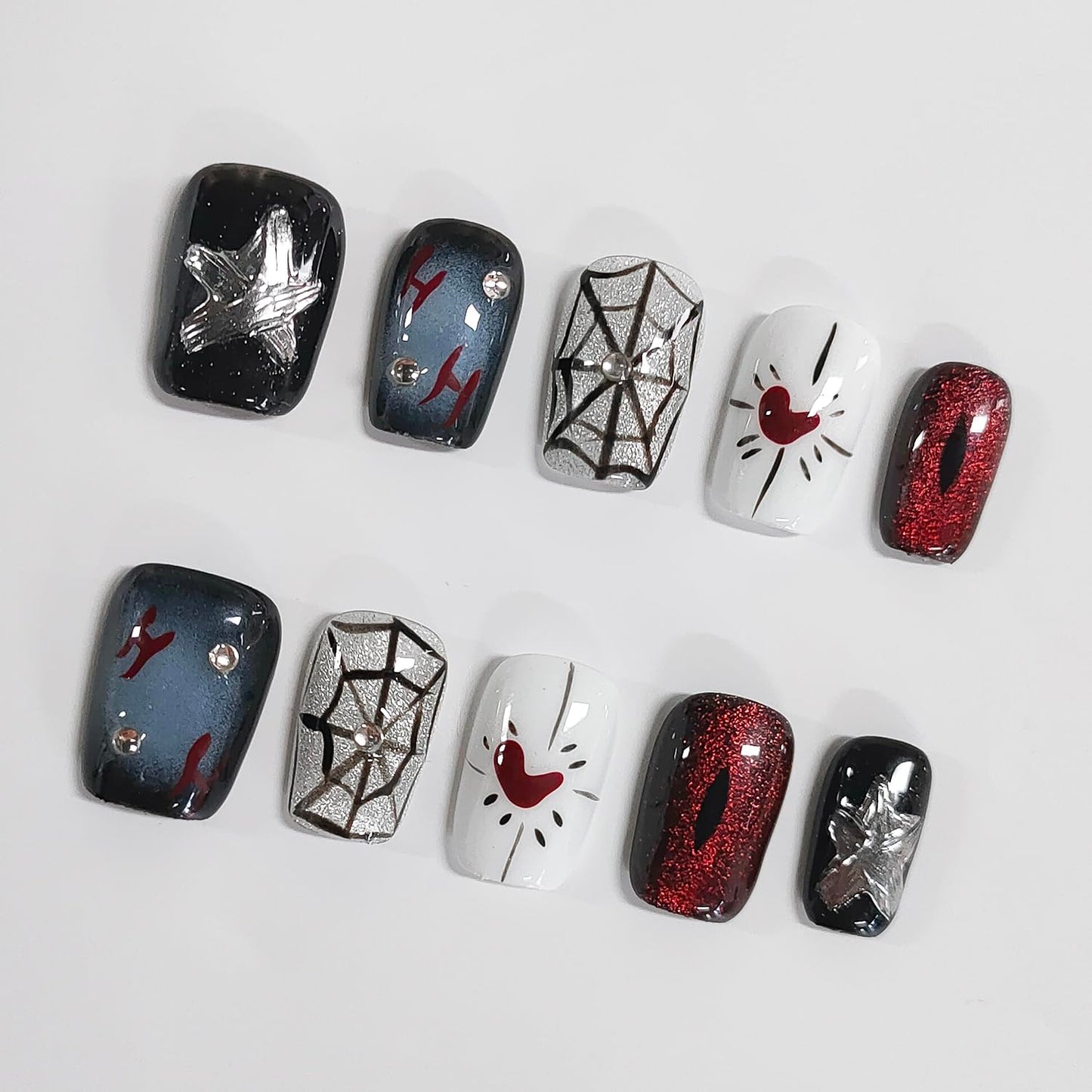 Halloween Press on Nails Short Square Handmade Acrylic Nails 3D Thick Fake Nails with Rhinestones Spider Web Stars Designs Sparkly Black&Red Sturdy Art False Press on Nail 10Pcs(S)