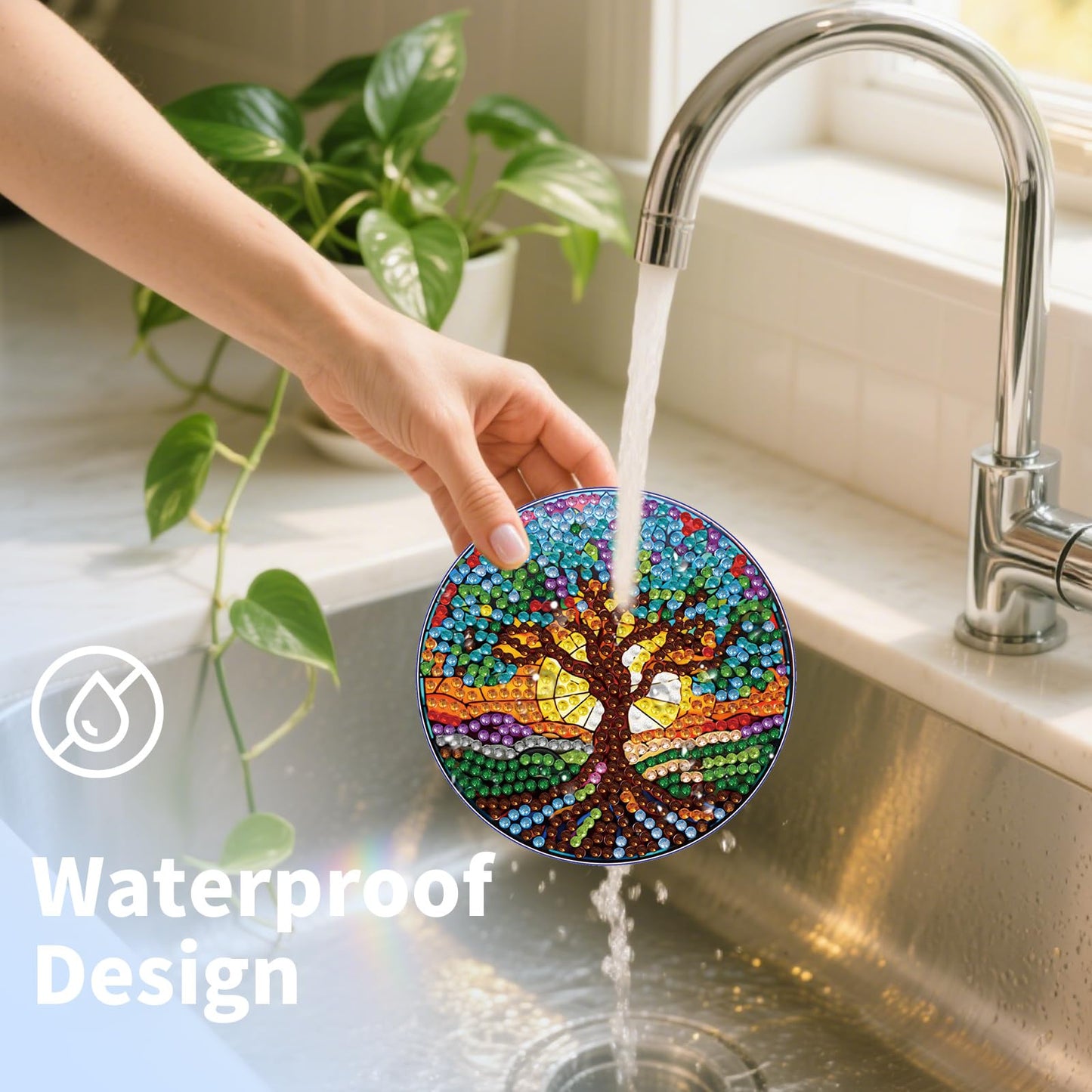 PERFECTSIGHT 6 Pcs DIY Diamond Art Painting Coasters with Holder, Cute Diamond Paint Coaster Kits for Adults, Kawaii Full Drill Diamond Art Craft, Paint by Number Non Slip Coaster - Multicolor Tree