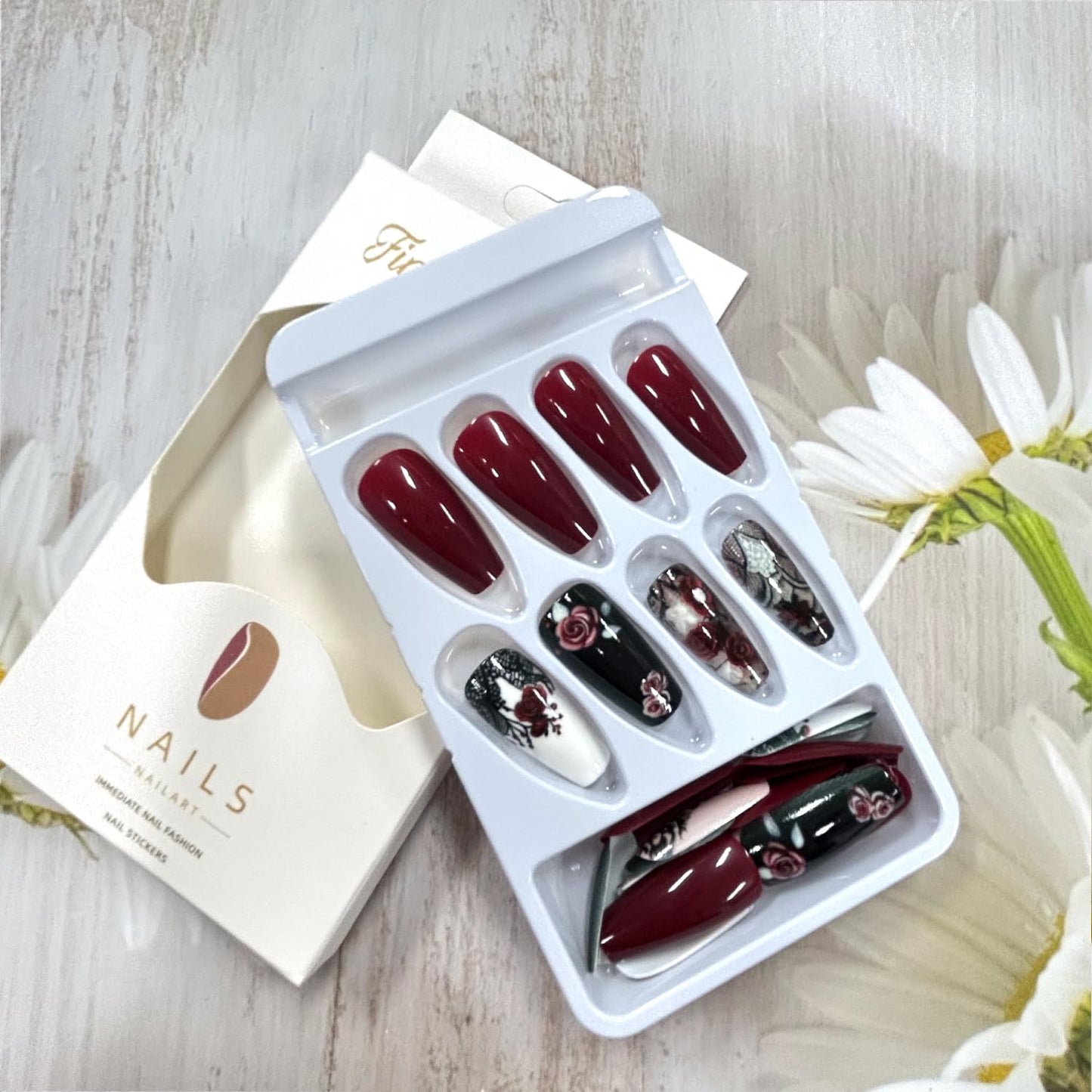 CJDLTS Press on Nails Medium Length Red Rose Flower False Nails Black Lace Pattern Design Full Cover Heart Press Nails Artificial Ballet Shaped Stick on Nails Glossy Acrylic Glue on Nails for Women