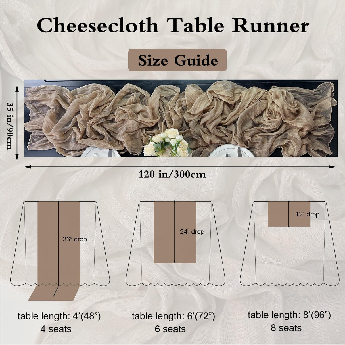 Booque Valley Nude Cheesecloth Table Runner 120 Inch 10ft Super Soft Boho Wrinkled Gauze Sheer Cloth for Baby Shower Birthday Bridal Shower Wedding Centerpiece Table Decoration, 3 Pack, Tan