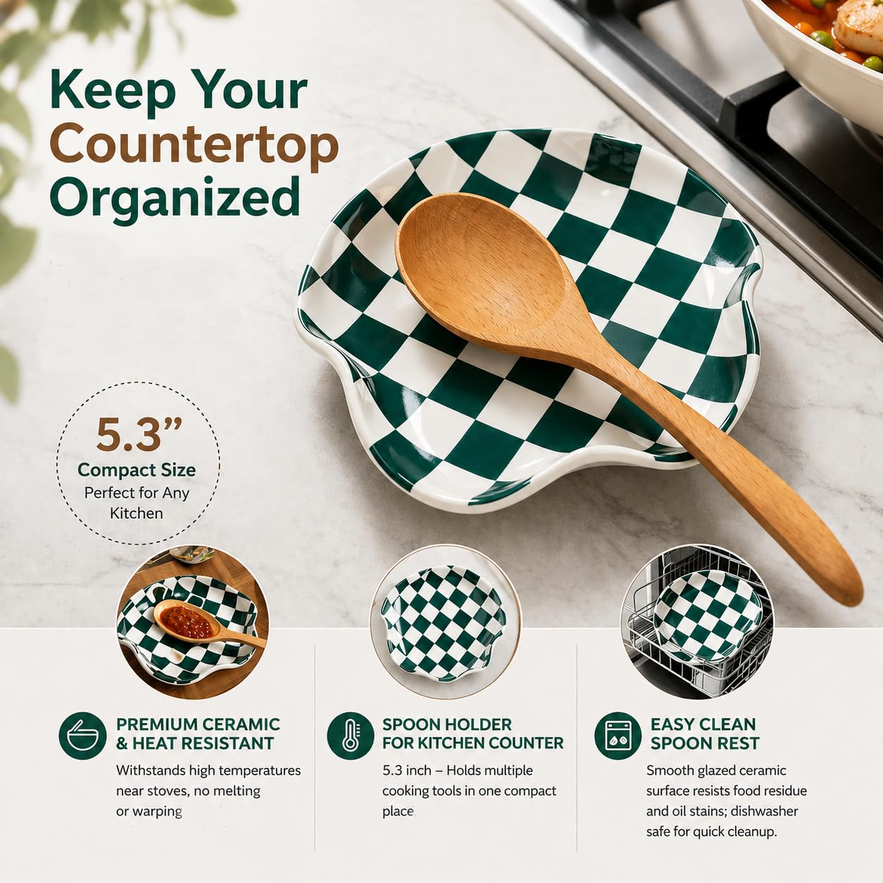 Miamolo Ceramic Spoon Rest for Stove Top, Spoon Holder for Kitchen Counter, Large Utensil Spatula Holder for Stove, Heat Resistant Cooking Spoon Rest, Checkered Kitchen Decor Gift for Housewarming