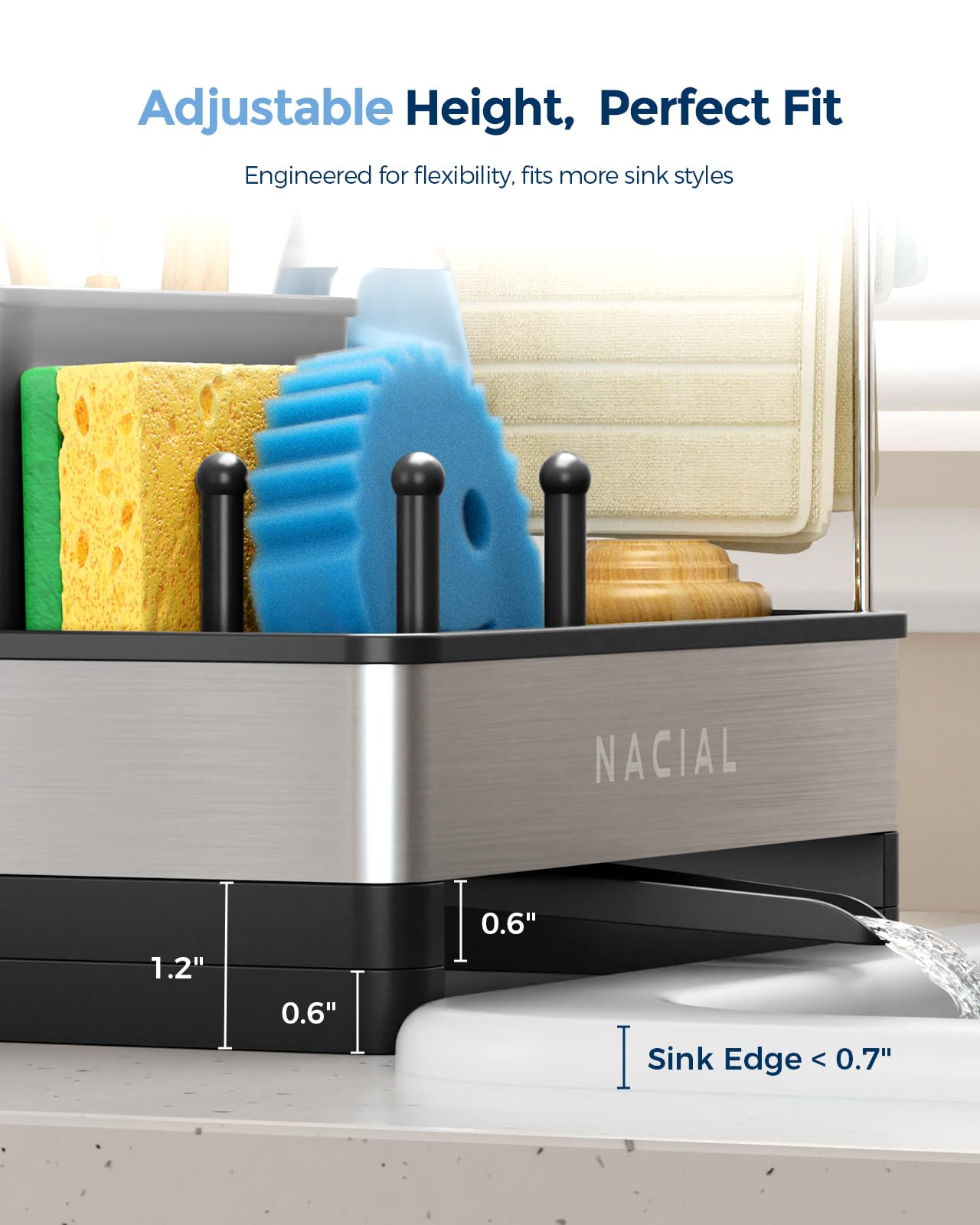 Nacial Kitchen Sink Caddy Organzier with High Brush Holder, Sponge Holder for Kitchen Sink with Two Towel Racks - Rustproof 304 Stainless Steel Kitchen Countertop Storage Essentials