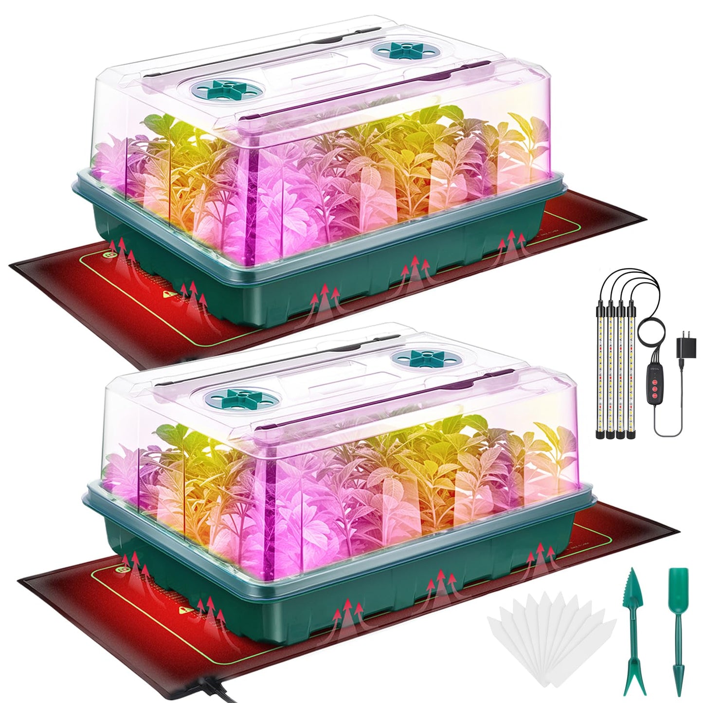 Ourhom Seed Starter Tray, Seed Starter Kit with Grow Lights and Heat Mat, 96-Cell Seed Growing Tray, Seed Starting Trays Plant Starter Kit and Base, Indoor Gardening Plant Germination Trays (2)