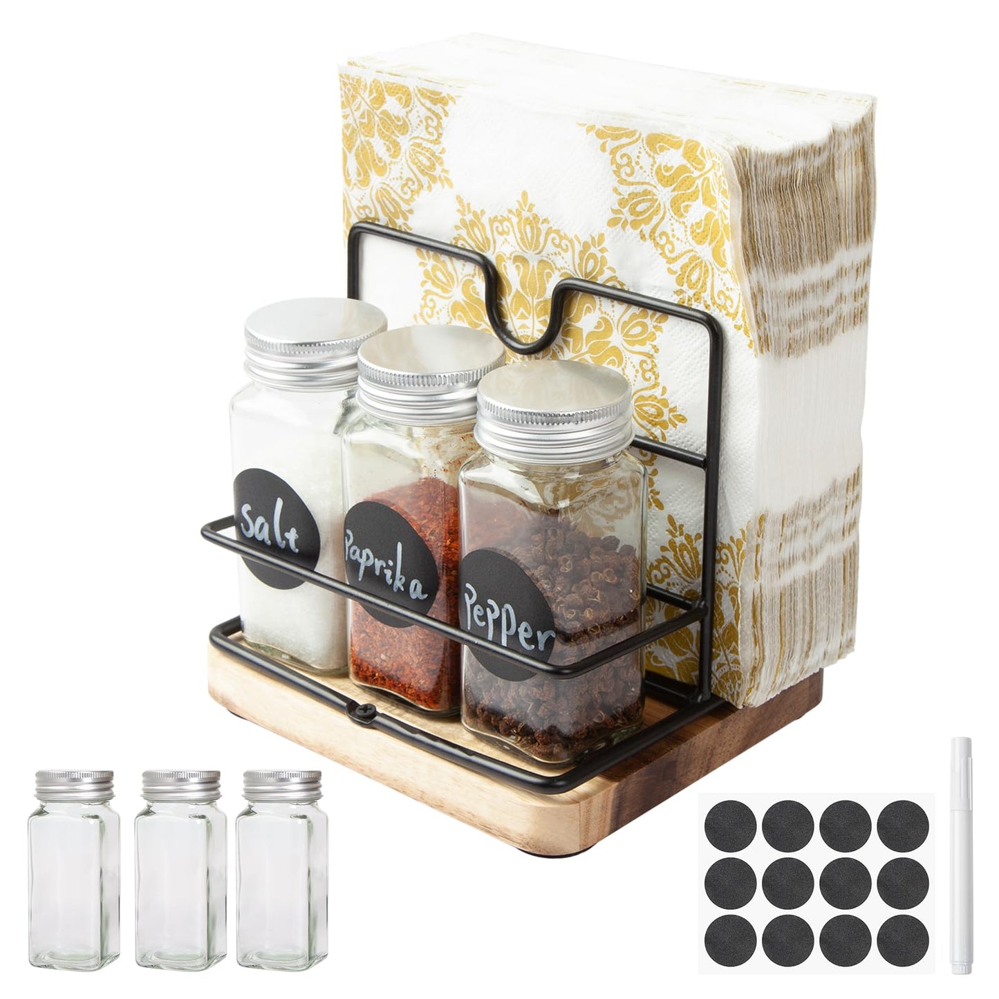 Wood Napkin Holder for Paper Napkin with Salt and Pepper Sharkers for Kitchen Dinner Table Counter Rustic Uplight Napkin Holder Disepenser for Restaurtant and Home Dinning.(Includ 3 Spice Bottles)