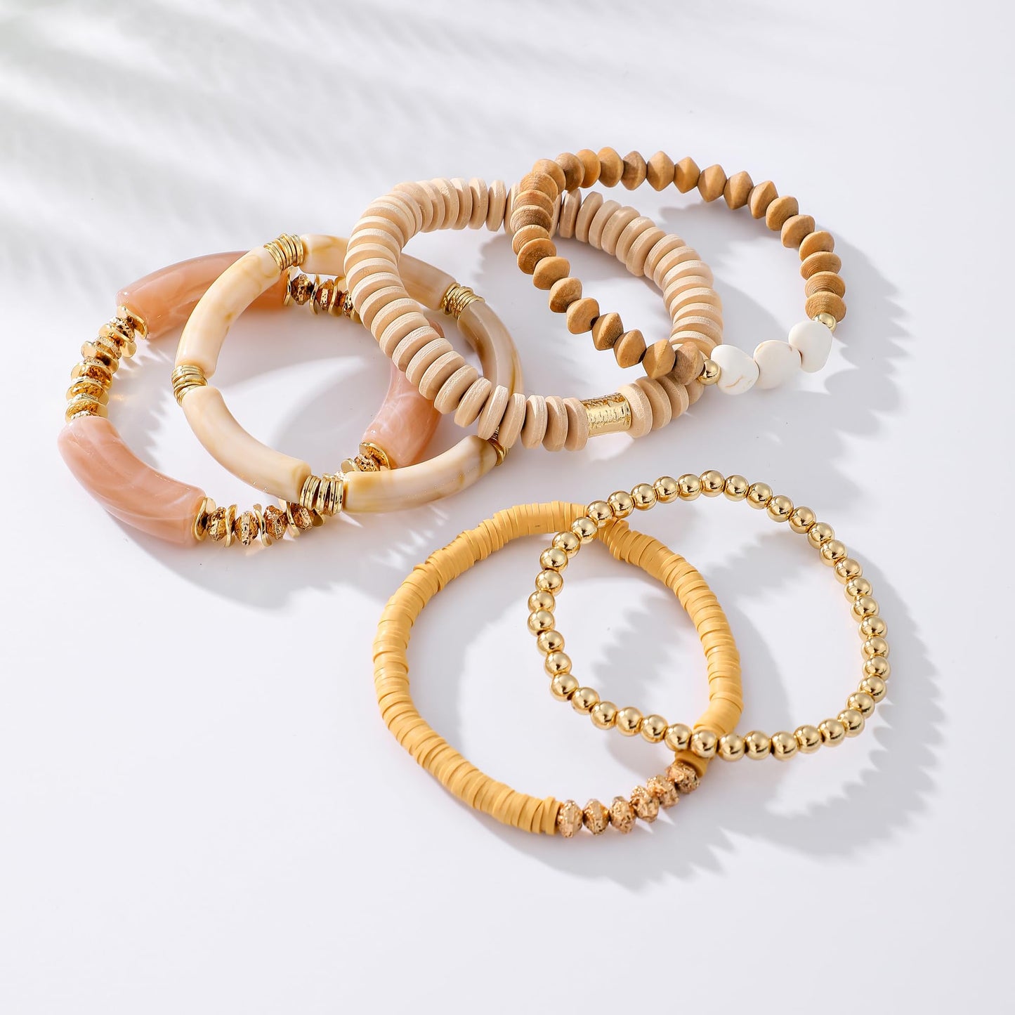 GOOJIDS Simple Beaded Gold Plated Bangles Bracelet Chunky Bamboo Tube Curved Stacking Clear Acrylic Colorful Beads Stretchable Gold Plated Bracelets Set For Women