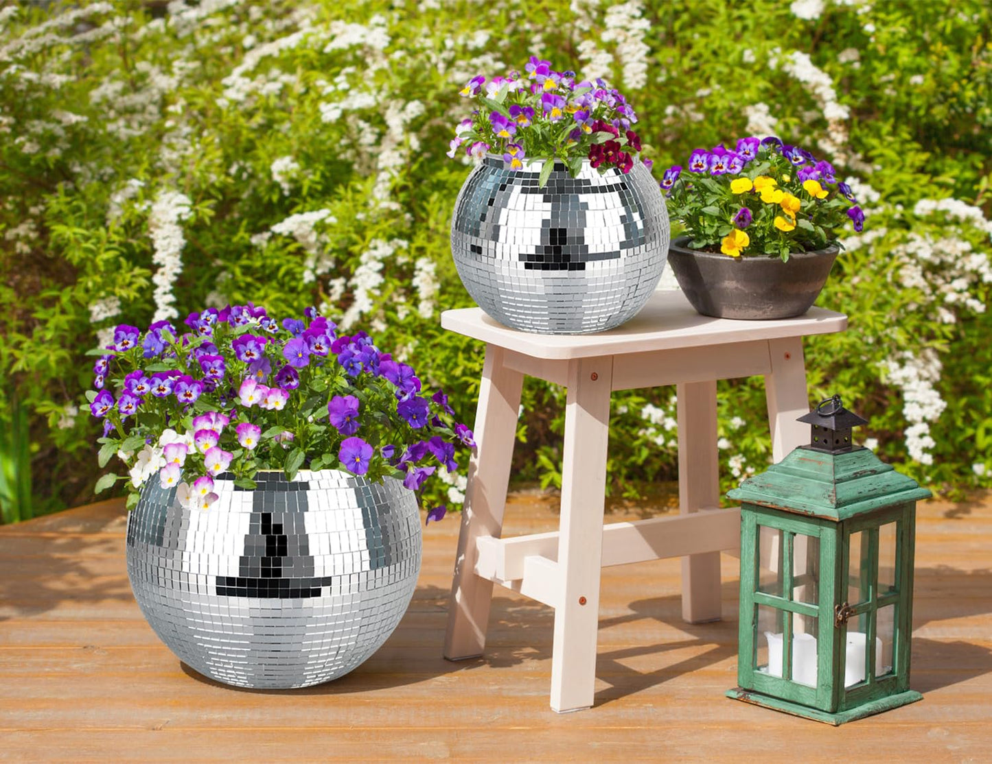 FGBNM Disco Ball Planter, 1pcs 9” Silver Disco Ball Planter, Disco Ball Plant Hanger with Hanging Rope, Hanging Chain, Hook, Circle and Extra Mirror Pieces