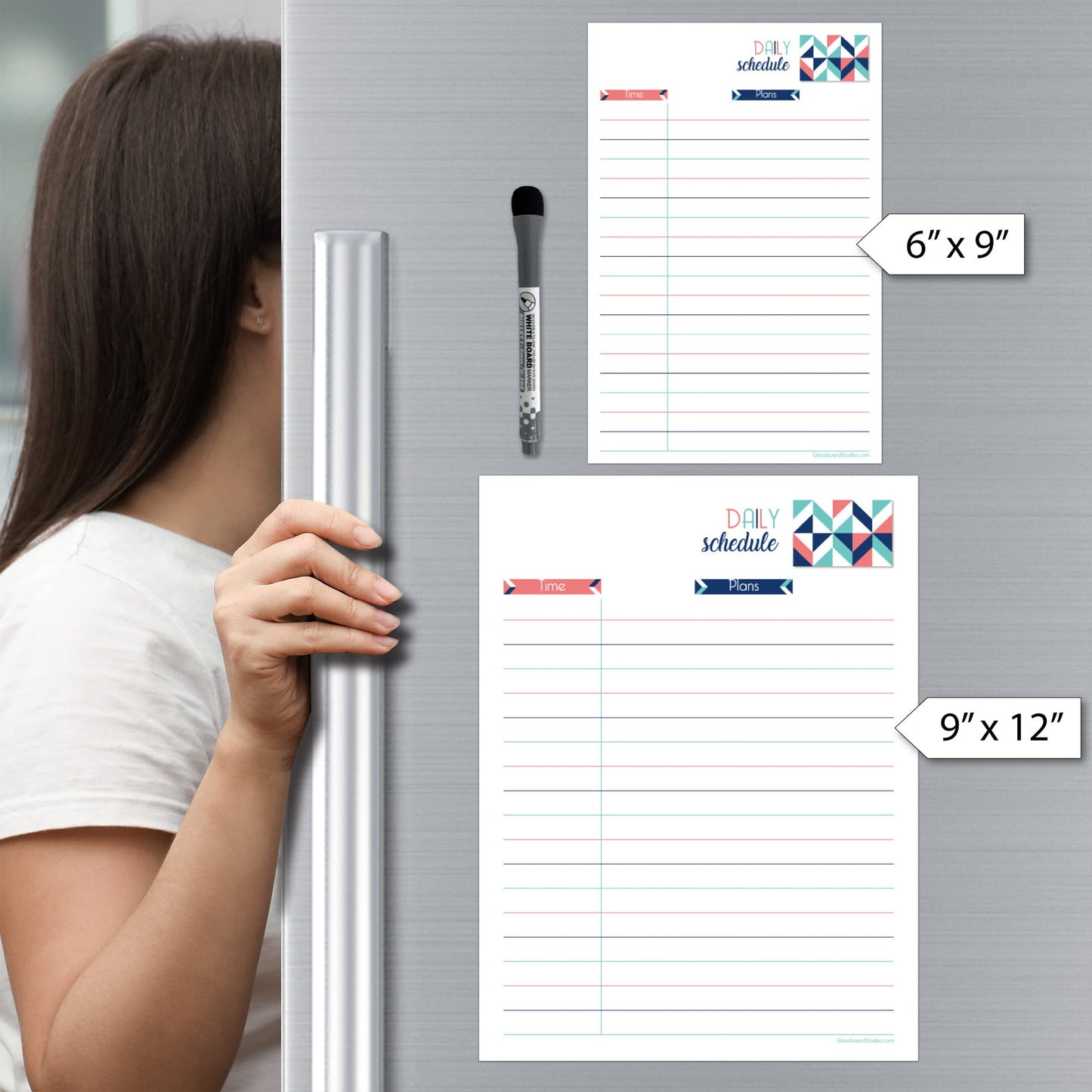 Dry Erase Daily Schedule Planner Sticker Decal by Glassboard Studio | Removable & Reusable | Magnetic Fine-Tip Marker Included (9 x 12 inches, Geometric)