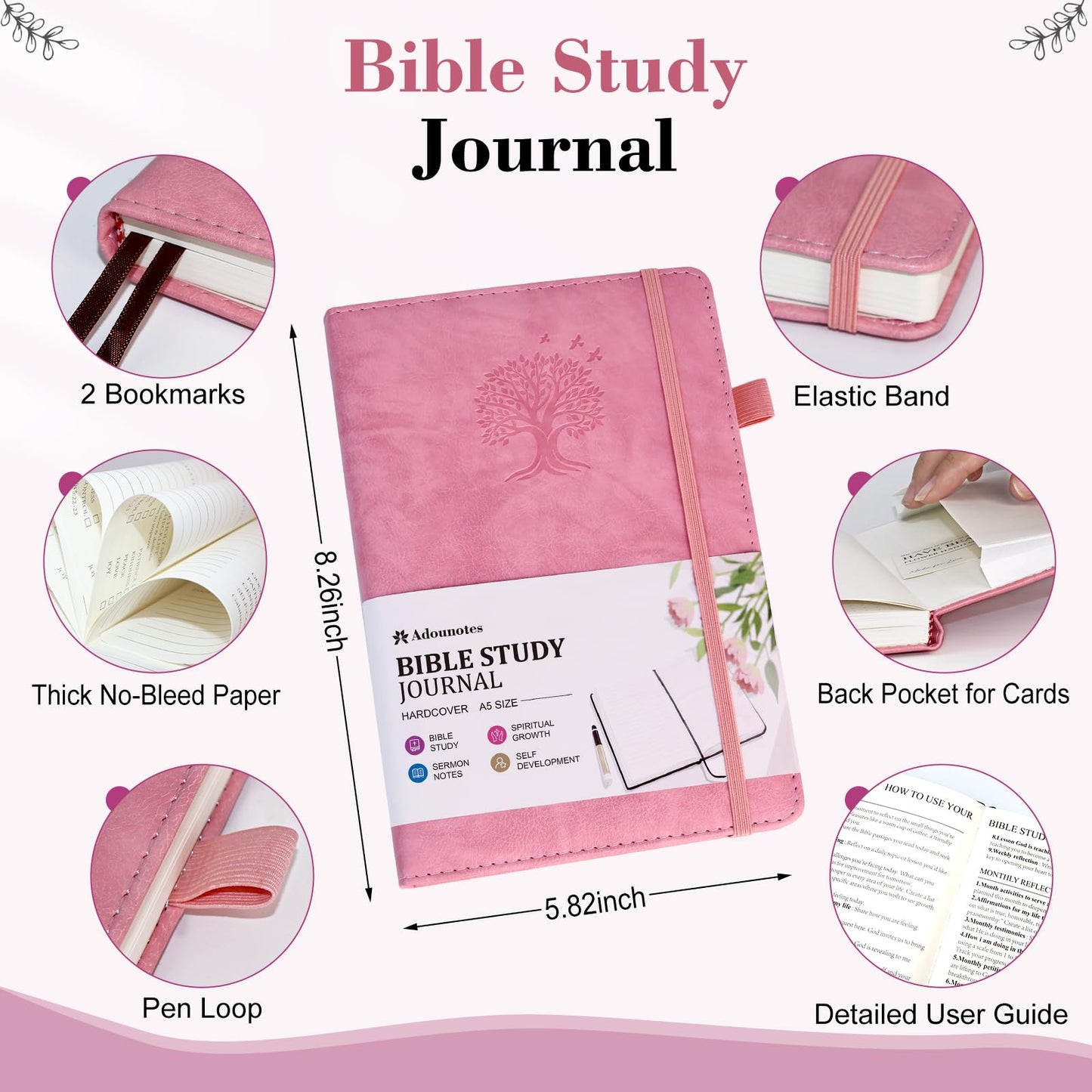 Leather Bible Study Journal Scripture Notebook - Christian Note Taking Kit with Guided Prompts - Inspirational Religious Gifts - Faith Based Stationery Accessories for Church, Small Group (Pink)