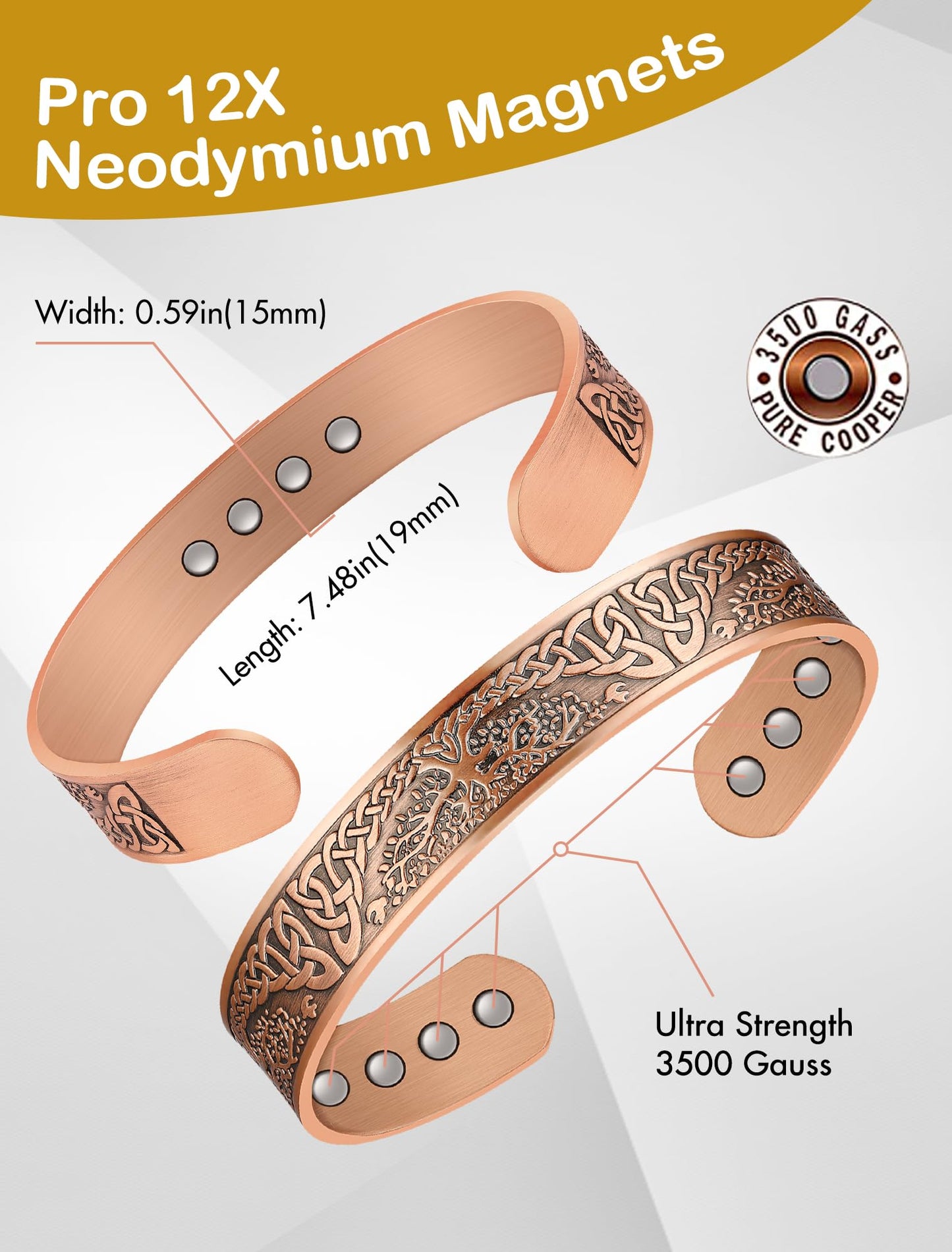 Feraco Copper Magnetic Bracelets for Men Women with Strong Magnets, Tree of Life Pattern, 99.99% Pure Solid Copper Cuff Bangle, Jewelry Gift