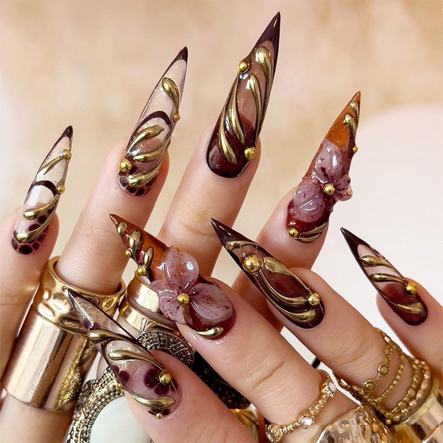 SINHOT Stiletto Press on Nails Long - Long Fake Nails, Glossy Finish, 3D Flowers & Gold Chrome, DIY Artificial False Nail Art - 24 Pcs Nail Kit with Glue