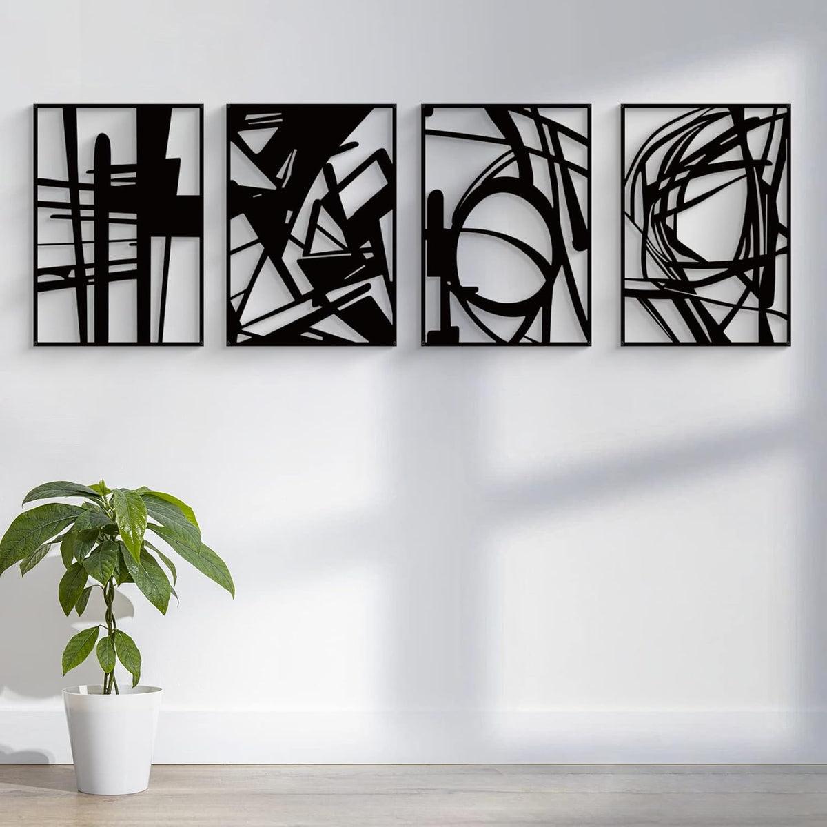 Glamativity Large 4 Pack Black Abstract Metal Wall Art, Minimalist Décor Single Line Art Wall Décor, 3D Textured Metal Wall Sculptures, for Living Room Bedroom Bathroom Study Room (Black, L Size 22.5
