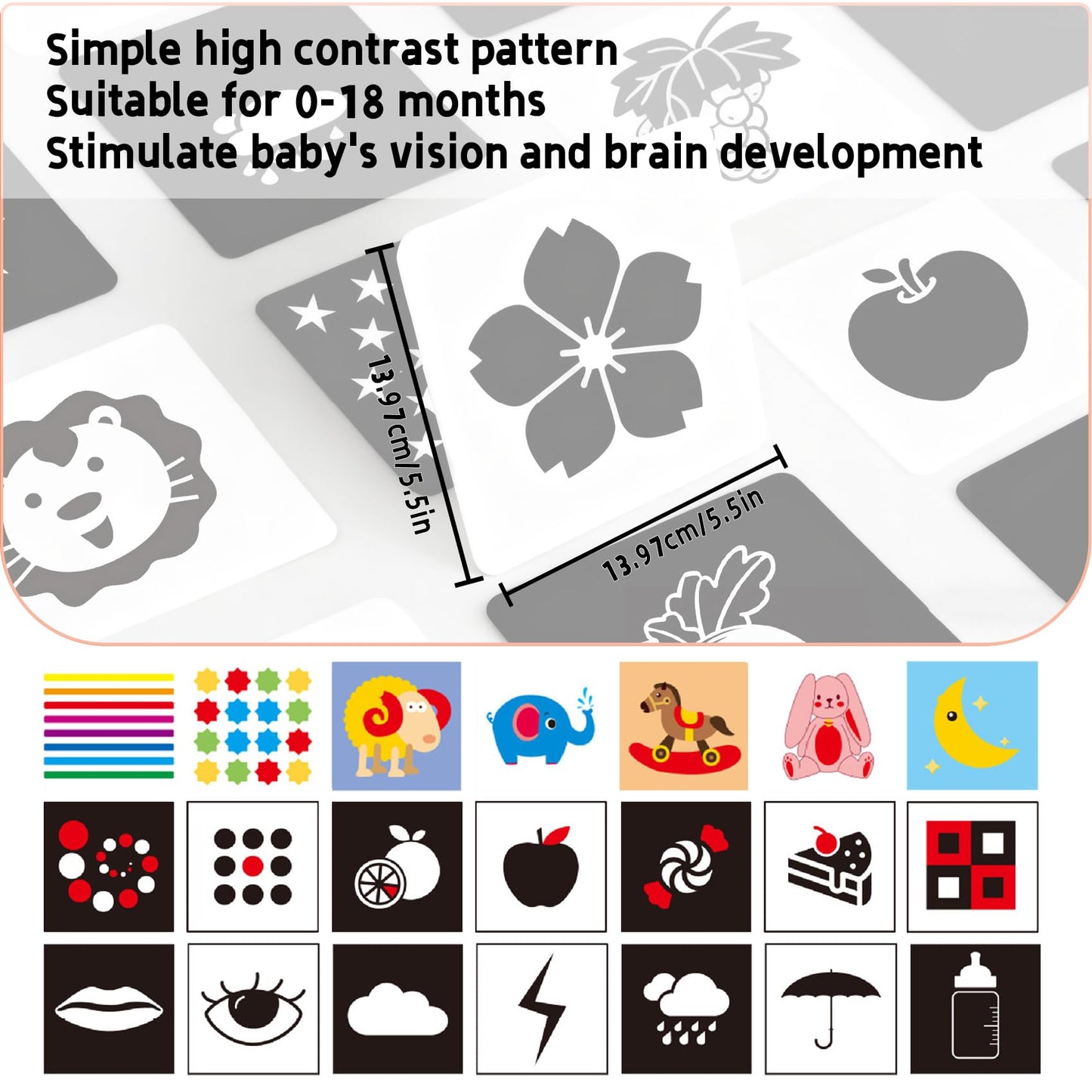 High Contrast Baby Flashcards - 120pcs Newborn Black White Visual Stimulation Learning Card for 0-18 Months Babies Activities Educational Gifts