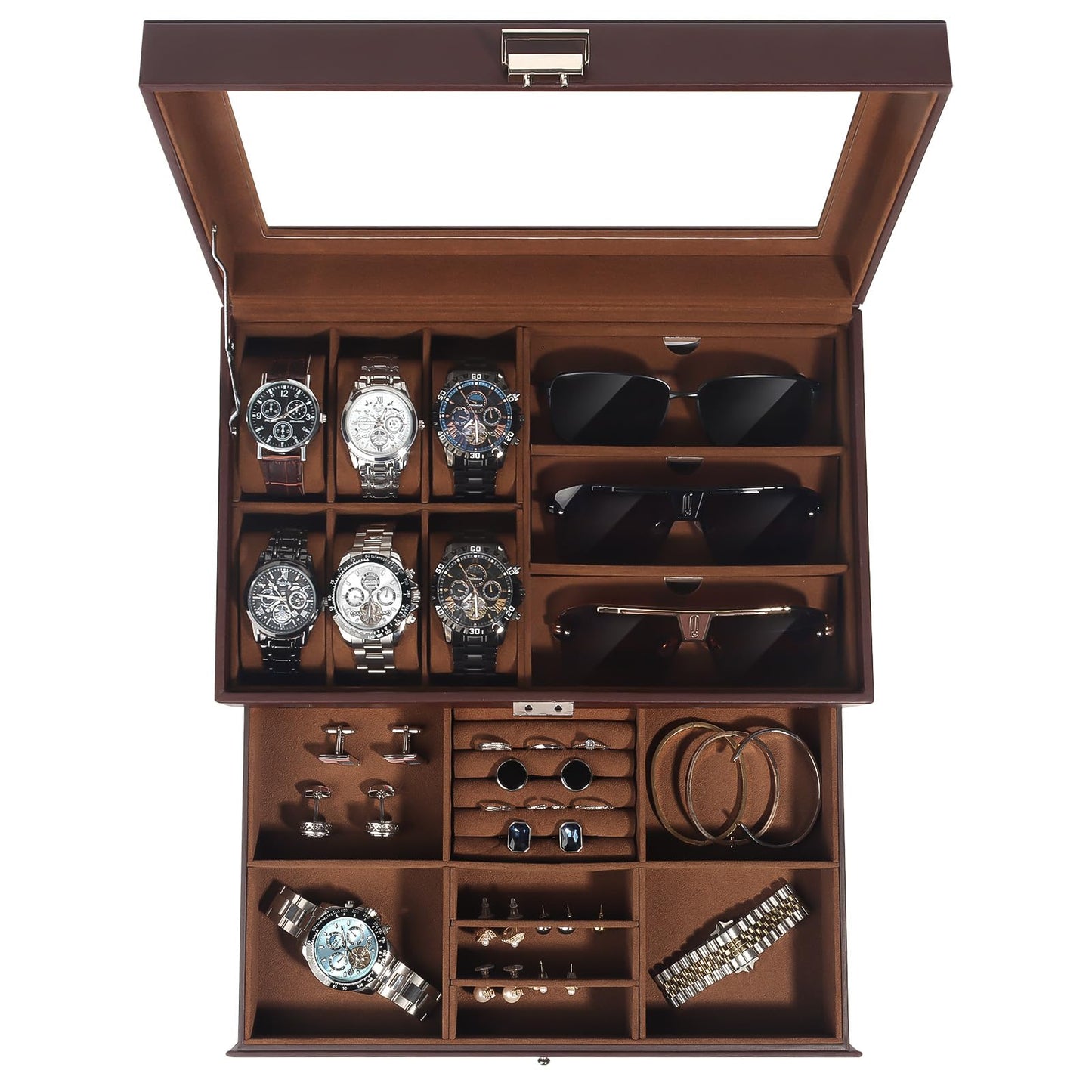 GLJ Jewelry Box for Men, 6 Slot Watch Box Jewelry Organizer With Drawer, Watch Case for Men with Large Window, 2-Layer Watch Holder, Sunglasses Storage Organizer, Velvet Lining, PU Leather, Gift Idea